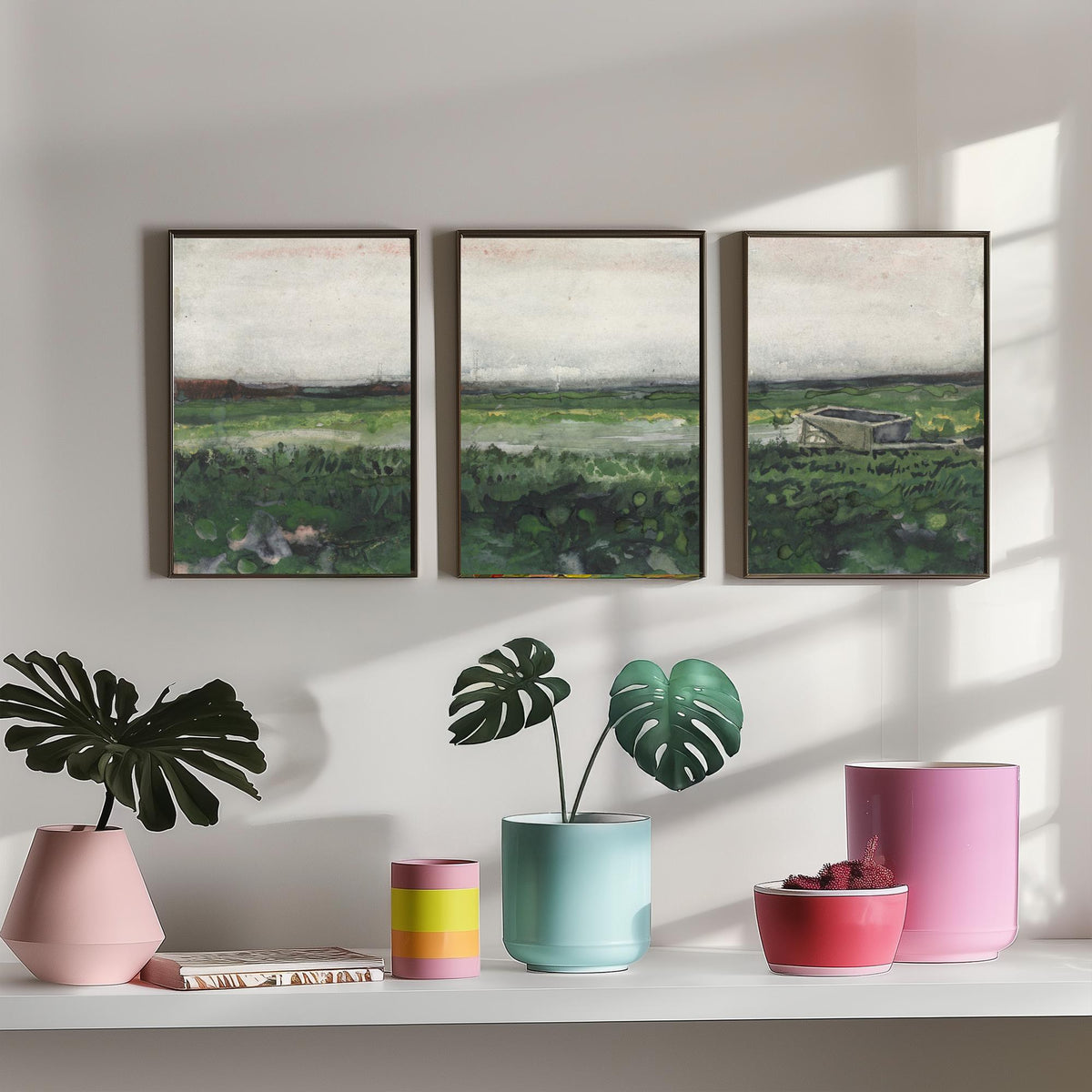 Van Gogh Heath with a Wheelbarrow Set of Three Art Prints - Drenthe Moorland, Grey Sky, Green Heath - Dutch Landscape Watercolour Poster