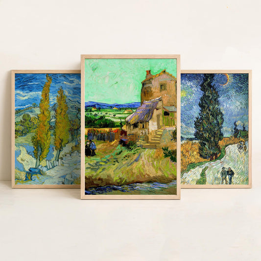 Van Gogh Outdoor Scenes Set of Three Art Prints - Poplars at Saint-Remy, Road with Cypress and Star, The Old Mill - Provence Painting Poster