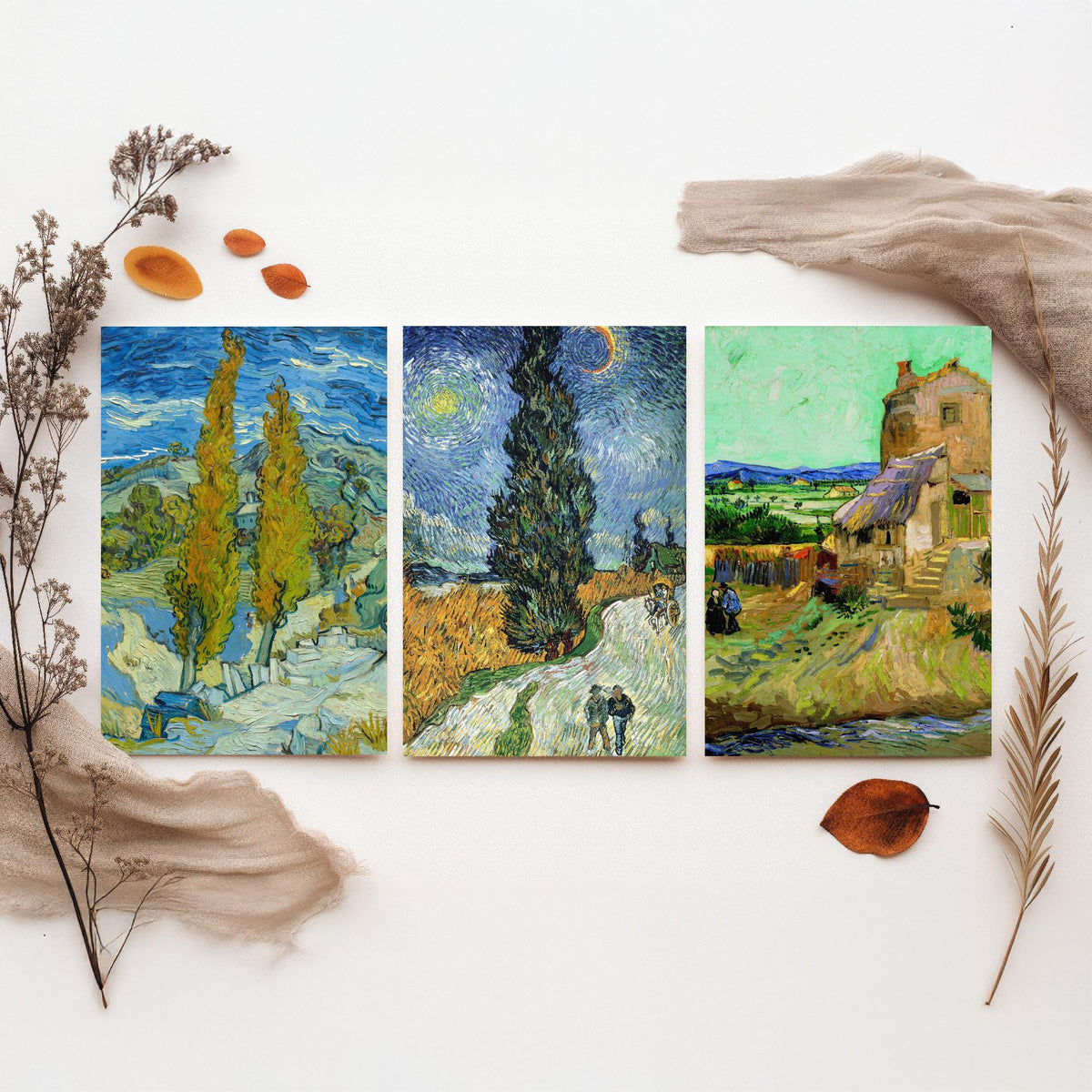Van Gogh Outdoor Scenes Set of Three Art Prints - Poplars at Saint-Remy, Road with Cypress and Star, The Old Mill - Provence Painting Poster