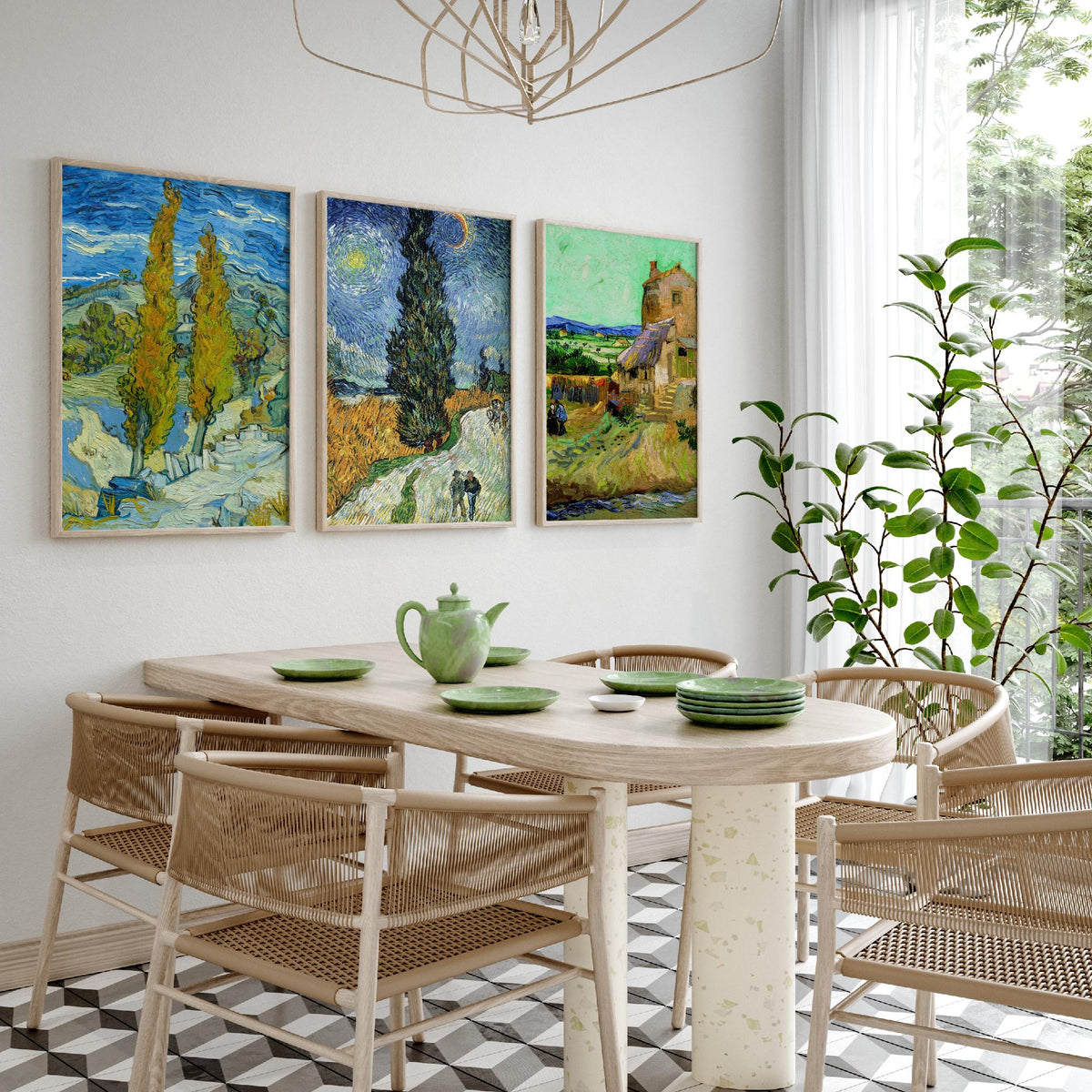 Van Gogh Outdoor Scenes Set of Three Art Prints - Poplars at Saint-Remy, Road with Cypress and Star, The Old Mill - Provence Painting Poster