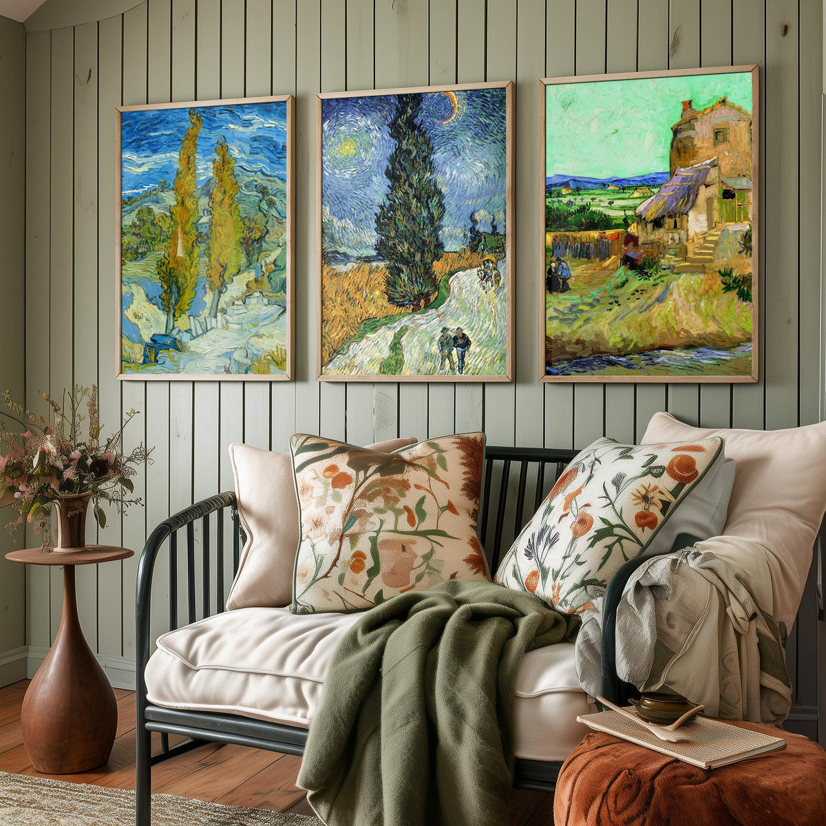 Van Gogh Outdoor Scenes Set of Three Art Prints - Poplars at Saint-Remy, Road with Cypress and Star, The Old Mill - Provence Painting Poster