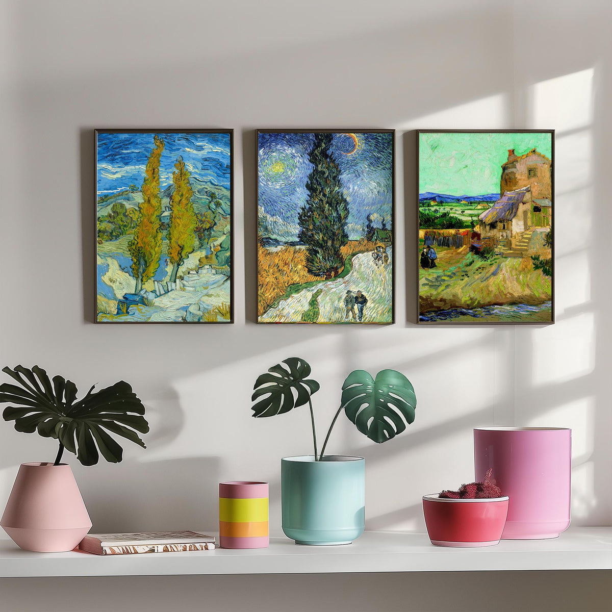 Van Gogh Outdoor Scenes Set of Three Art Prints - Poplars at Saint-Remy, Road with Cypress and Star, The Old Mill - Provence Painting Poster