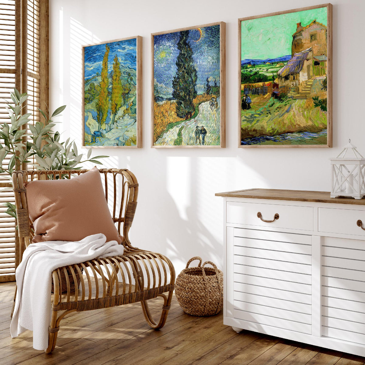 Van Gogh Outdoor Scenes Set of Three Art Prints - Poplars at Saint-Remy, Road with Cypress and Star, The Old Mill - Provence Painting Poster