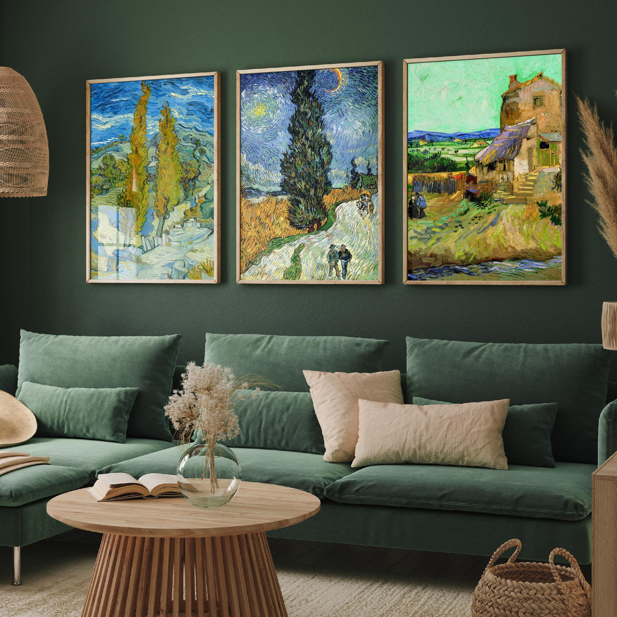 Van Gogh Outdoor Scenes Set of Three Art Prints - Poplars at Saint-Remy, Road with Cypress and Star, The Old Mill - Provence Painting Poster