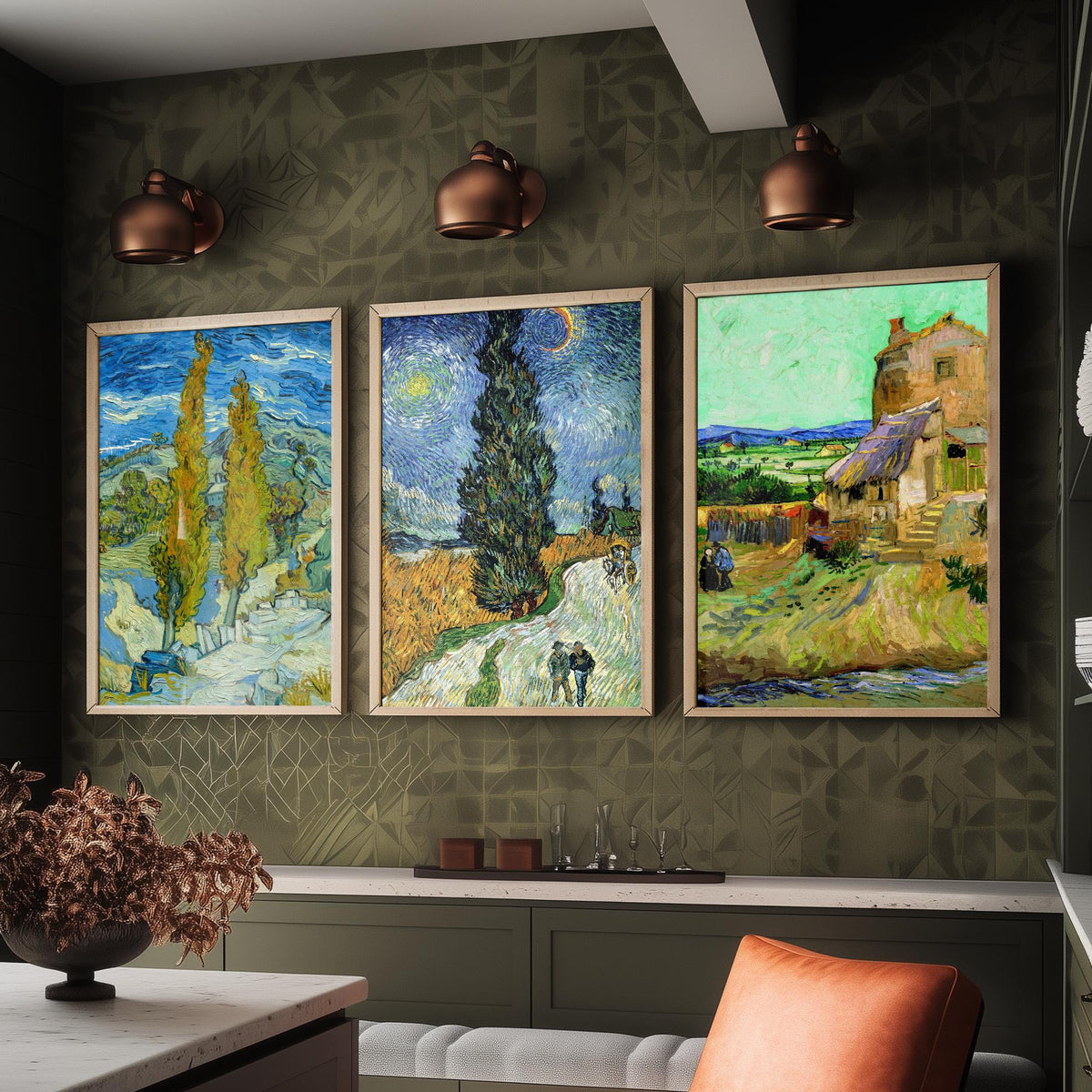 Van Gogh Outdoor Scenes Set of Three Art Prints - Poplars at Saint-Remy, Road with Cypress and Star, The Old Mill - Provence Painting Poster
