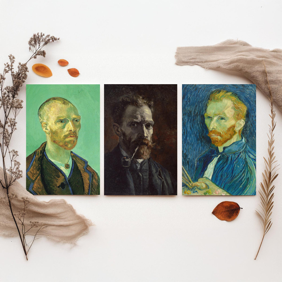Van Gogh Self Portrait Set of Three Art Prints - For Gauguin 1888, With Pipe 1886, With Palette 1889 - Post Impressionist Poster Painting