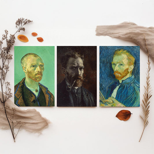 Van Gogh Self Portrait Set of Three Art Prints - For Gauguin 1888, With Pipe 1886, With Palette 1889 - Post Impressionist Poster Painting