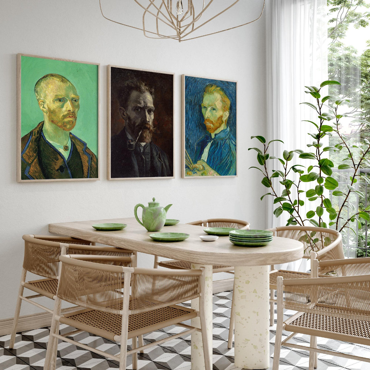 Van Gogh Self Portrait Set of Three Art Prints - For Gauguin 1888, With Pipe 1886, With Palette 1889 - Post Impressionist Poster Painting
