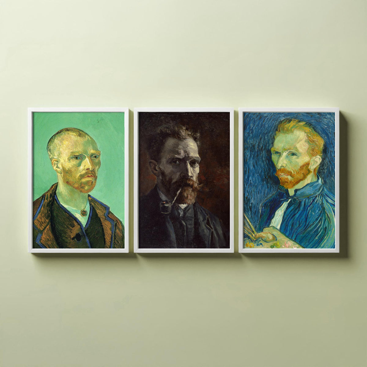 Van Gogh Self Portrait Set of Three Art Prints - For Gauguin 1888, With Pipe 1886, With Palette 1889 - Post Impressionist Poster Painting