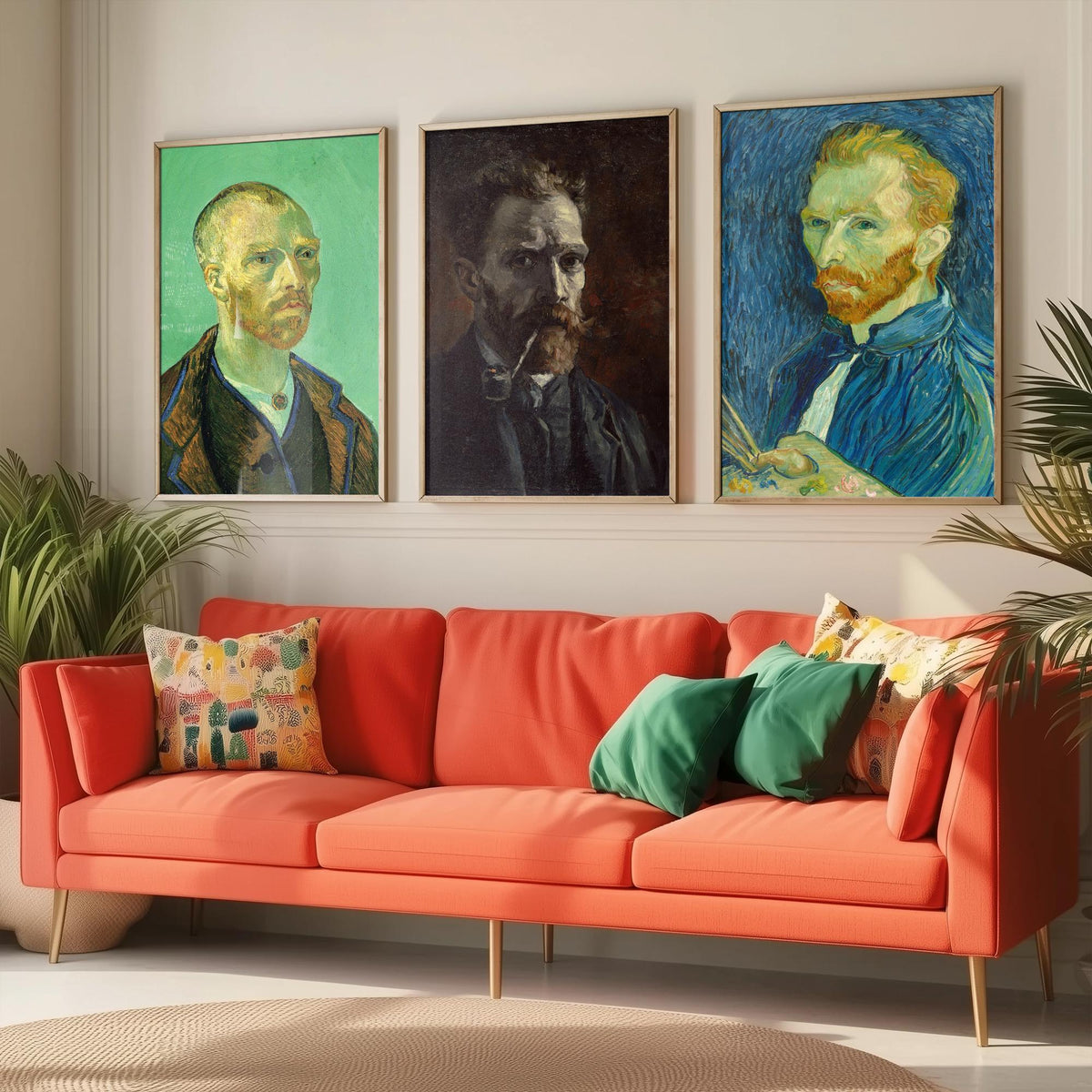 Van Gogh Self Portrait Set of Three Art Prints - For Gauguin 1888, With Pipe 1886, With Palette 1889 - Post Impressionist Poster Painting