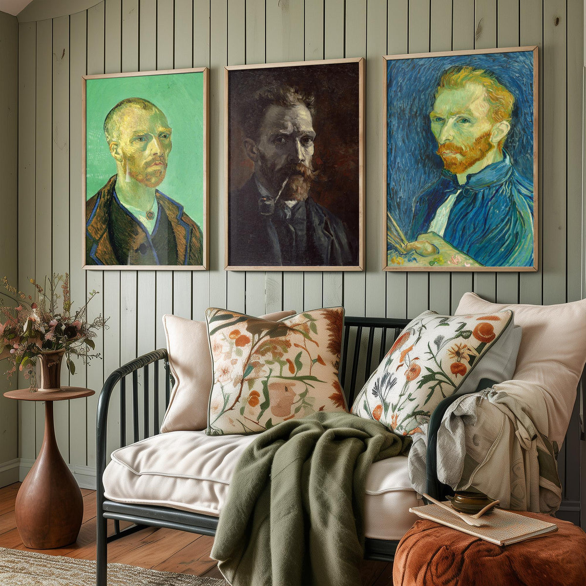Van Gogh Self Portrait Set of Three Art Prints - For Gauguin 1888, With Pipe 1886, With Palette 1889 - Post Impressionist Poster Painting