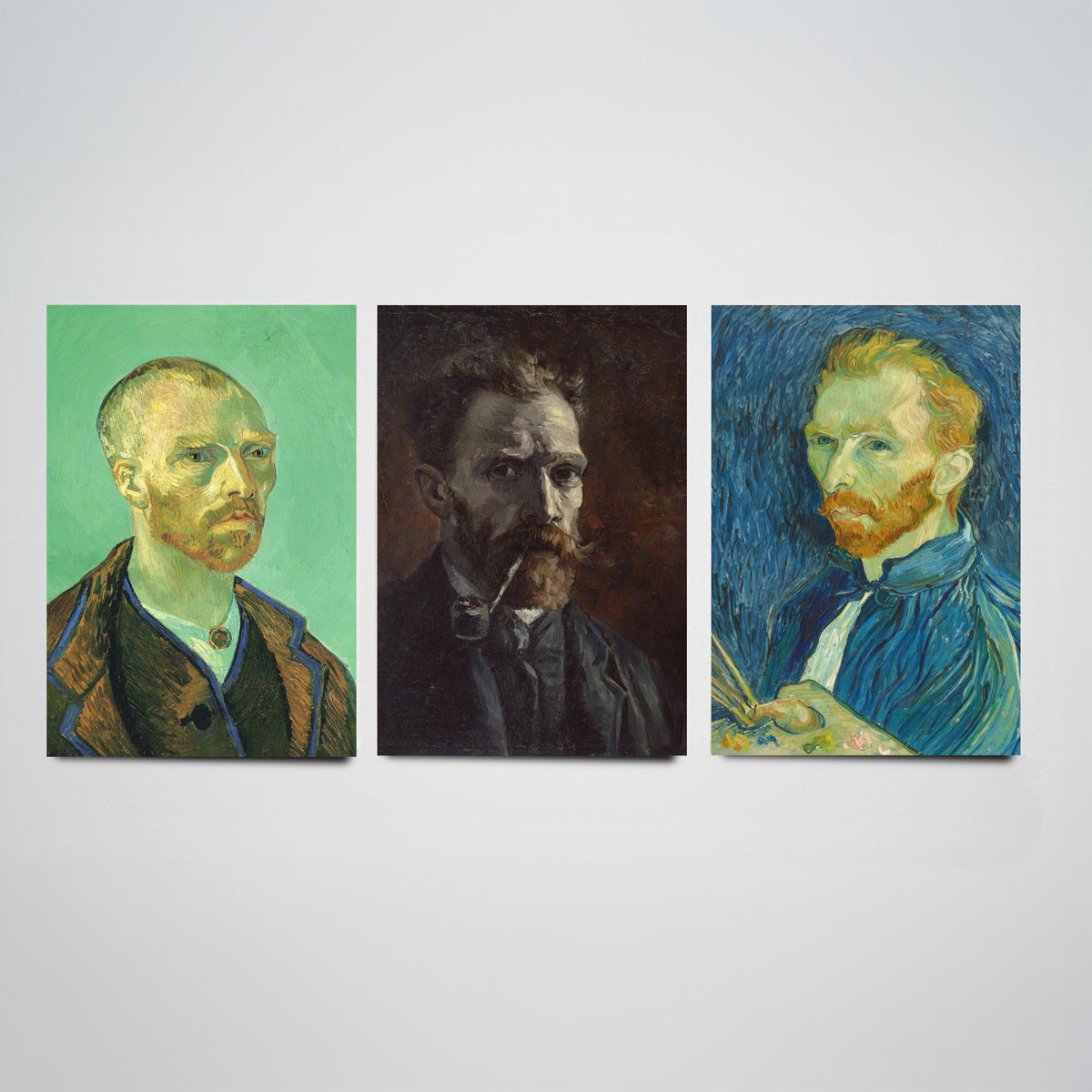 Van Gogh Self Portrait Set of Three Art Prints - For Gauguin 1888, With Pipe 1886, With Palette 1889 - Post Impressionist Poster Painting