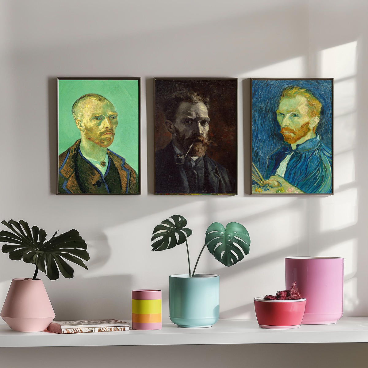 Van Gogh Self Portrait Set of Three Art Prints - For Gauguin 1888, With Pipe 1886, With Palette 1889 - Post Impressionist Poster Painting