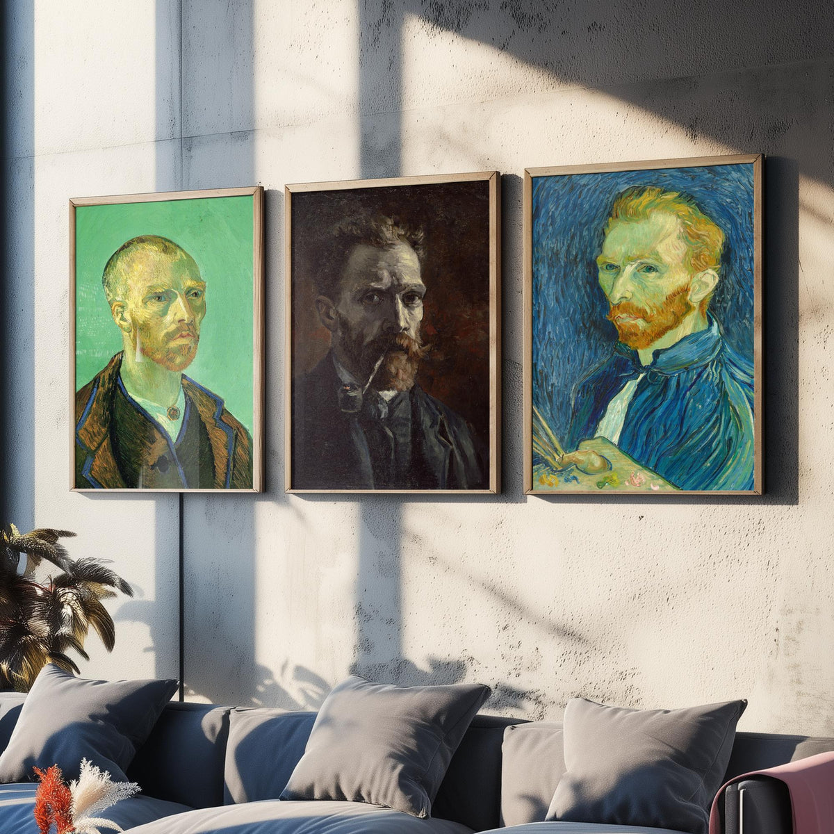 Van Gogh Self Portrait Set of Three Art Prints - For Gauguin 1888, With Pipe 1886, With Palette 1889 - Post Impressionist Poster Painting