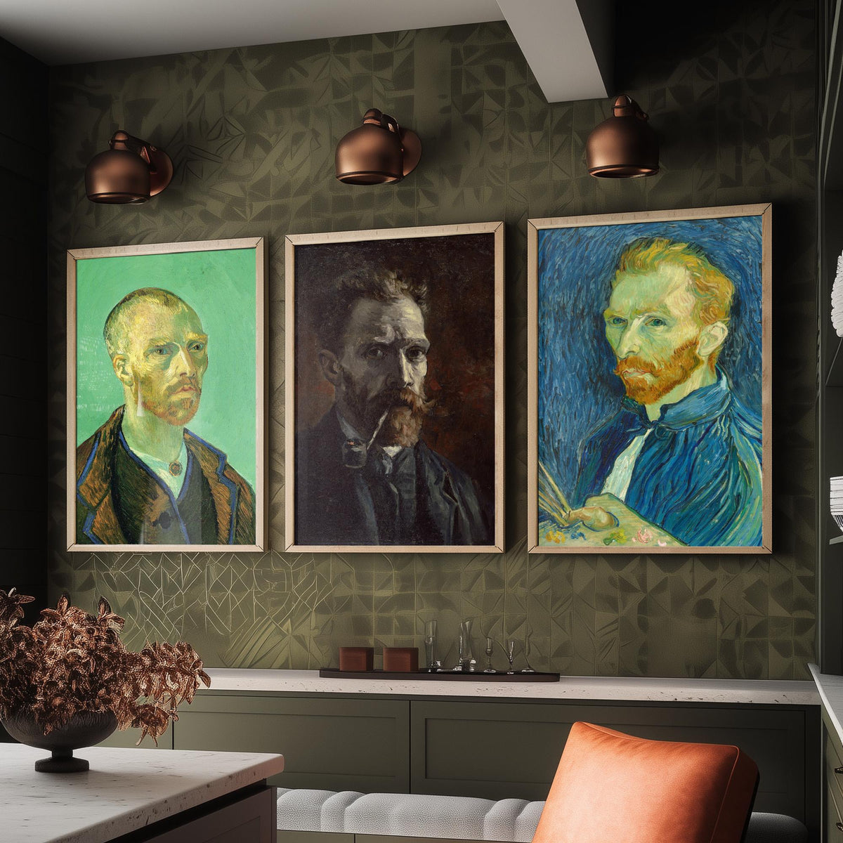 Van Gogh Self Portrait Set of Three Art Prints - For Gauguin 1888, With Pipe 1886, With Palette 1889 - Post Impressionist Poster Painting