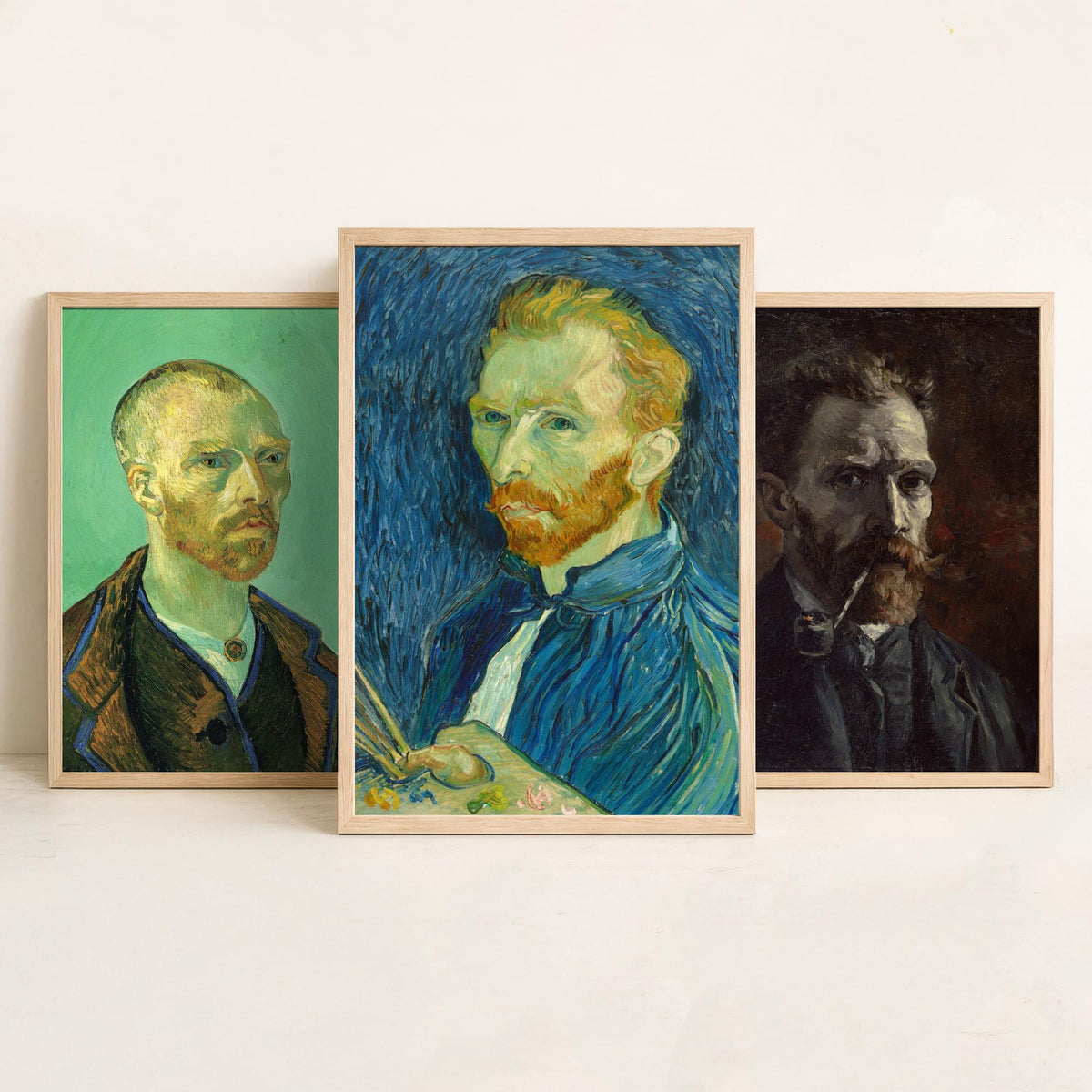 Van Gogh Self Portrait Set of Three Art Prints - For Gauguin 1888, With Pipe 1886, With Palette 1889 - Post Impressionist Poster Painting