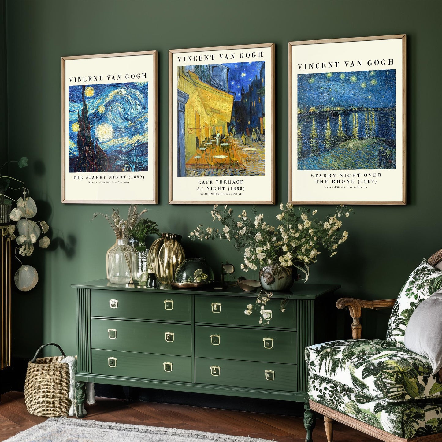 Set of Three Vincent Van Gogh Night Scene Prints - 3 Paintings Photo Poster Wall Art Gift Giclée Museum Starry Night Rhone Night Café