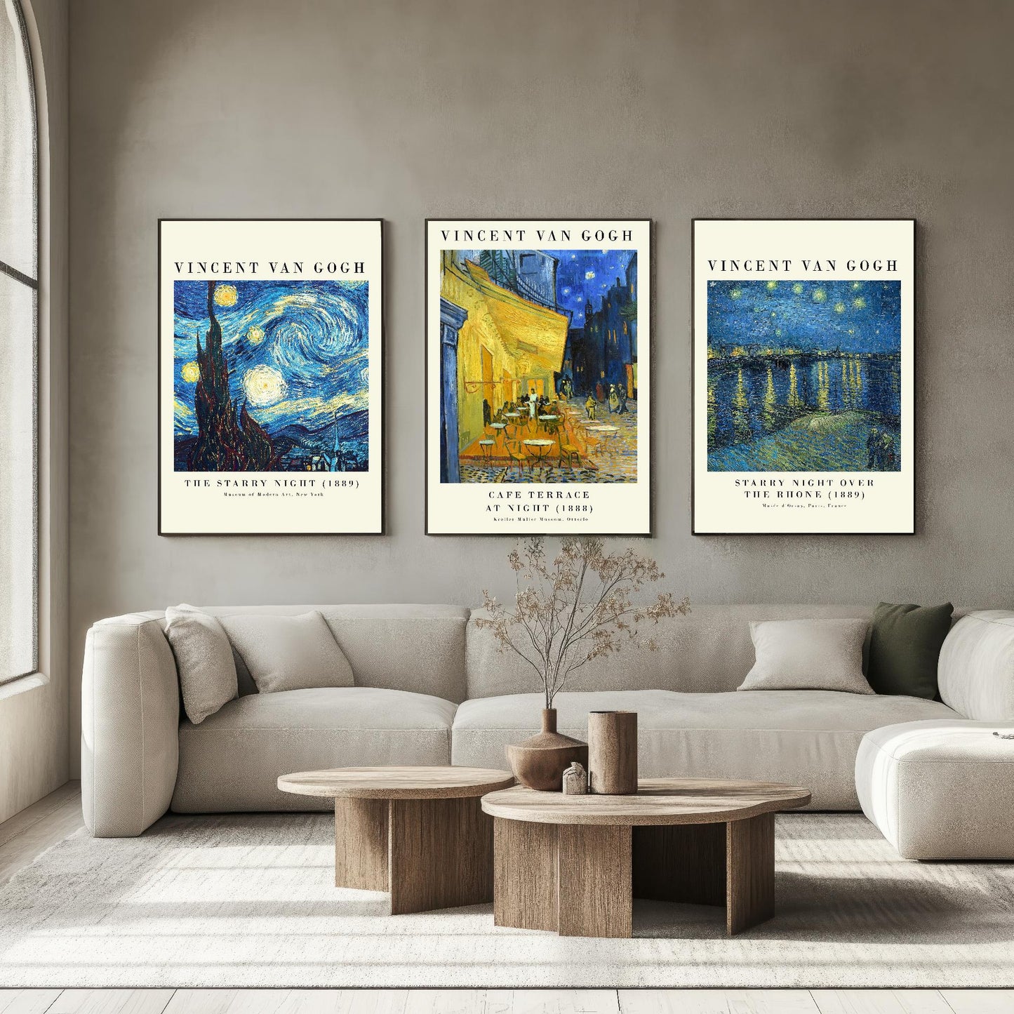 Set of Three Vincent Van Gogh Night Scene Prints - 3 Paintings Photo Poster Wall Art Gift Giclée Museum Starry Night Rhone Night Café