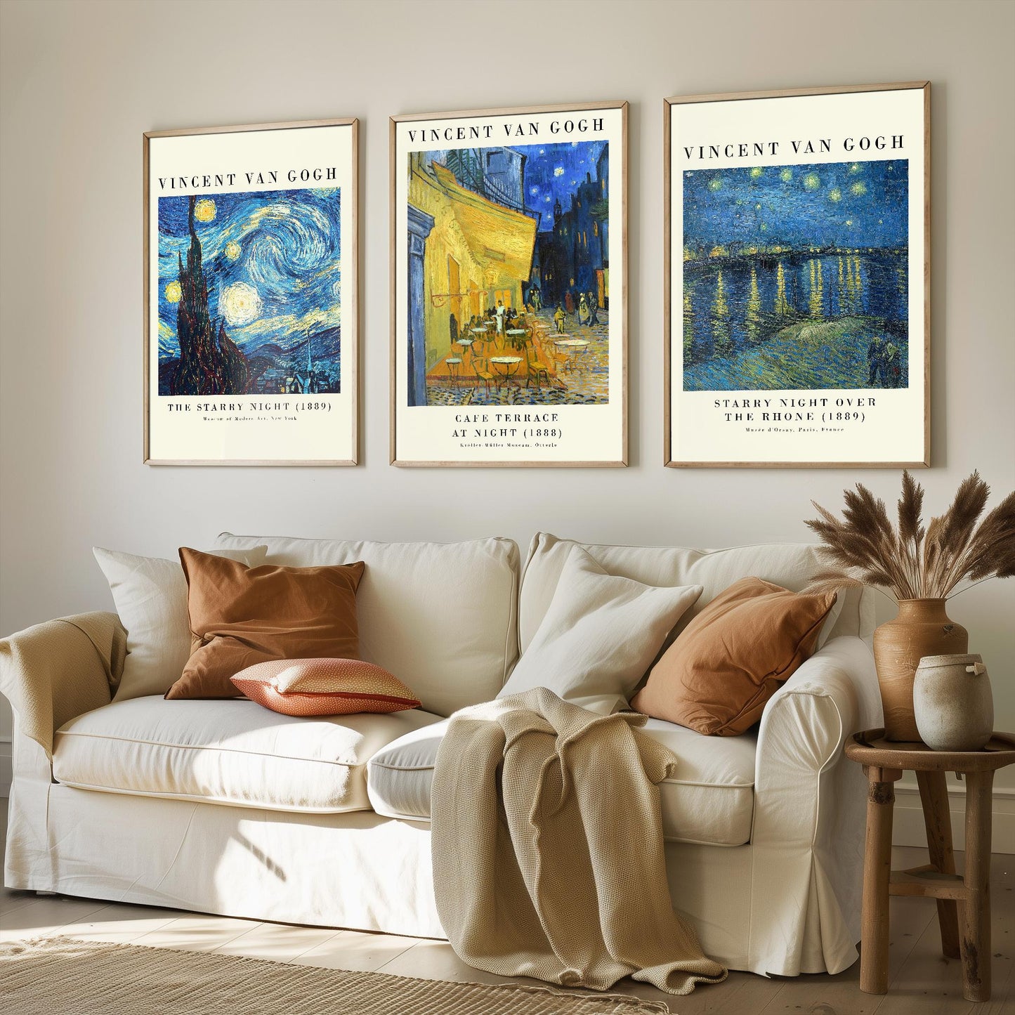Set of Three Vincent Van Gogh Night Scene Prints - 3 Paintings Photo Poster Wall Art Gift Giclée Museum Starry Night Rhone Night Café