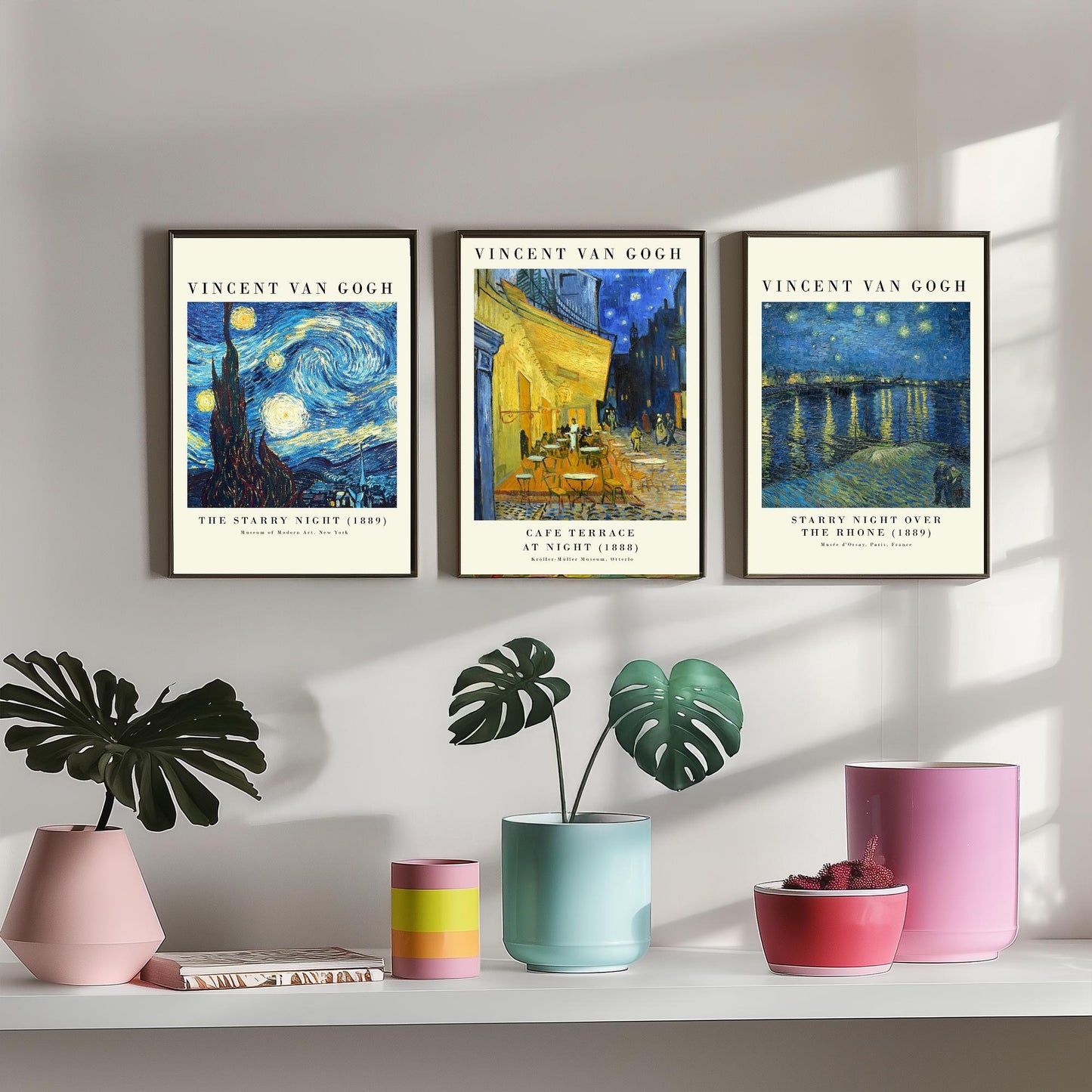 Vincent Van Gogh Set of Three Art Prints | 3 Post-Impressionist Paintings | Starry Night Cafe Terrace Over the Rhone Poster Museum