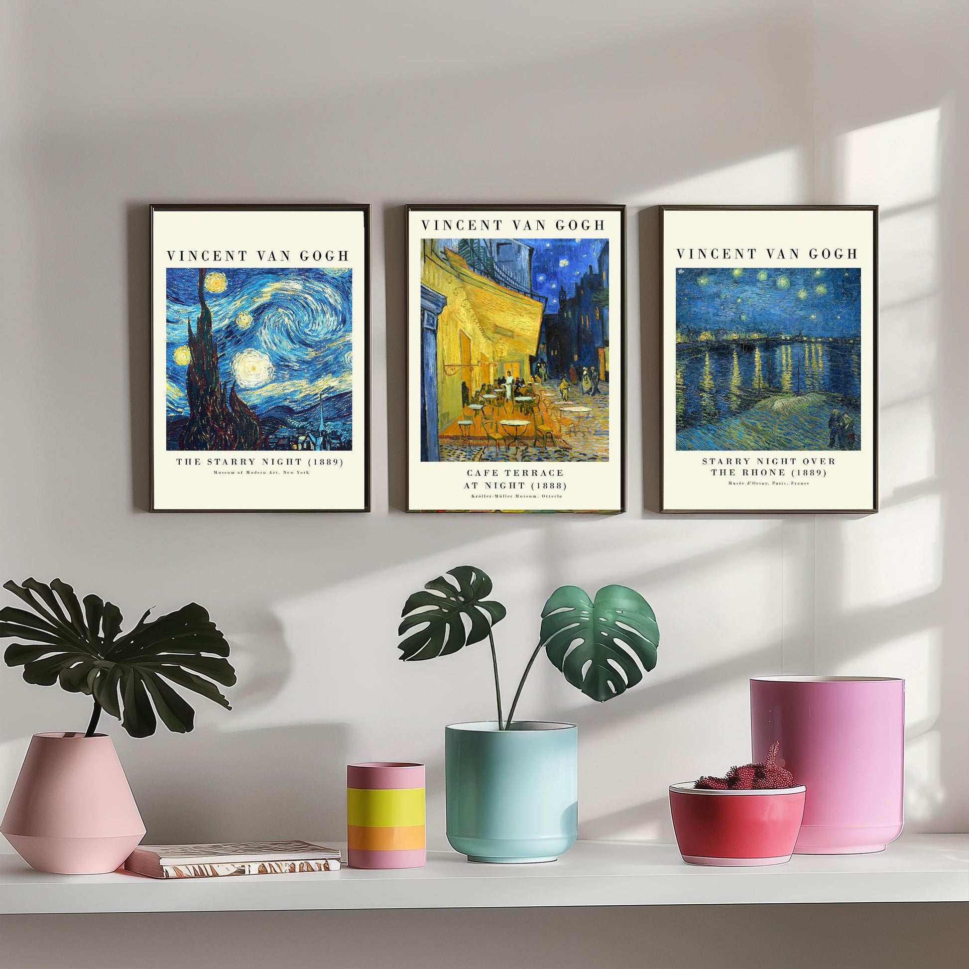 Vincent Van Gogh Set of Three Art Prints | 3 Post-Impressionist Paintings | Starry Night Cafe Terrace Over the Rhone Poster Museum