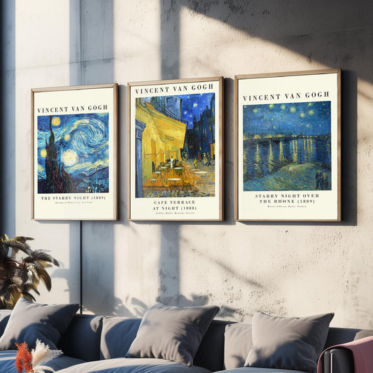 Vincent Van Gogh Set of Three Art Prints | 3 Post-Impressionist Paintings | Starry Night Cafe Terrace Over the Rhone Poster Museum