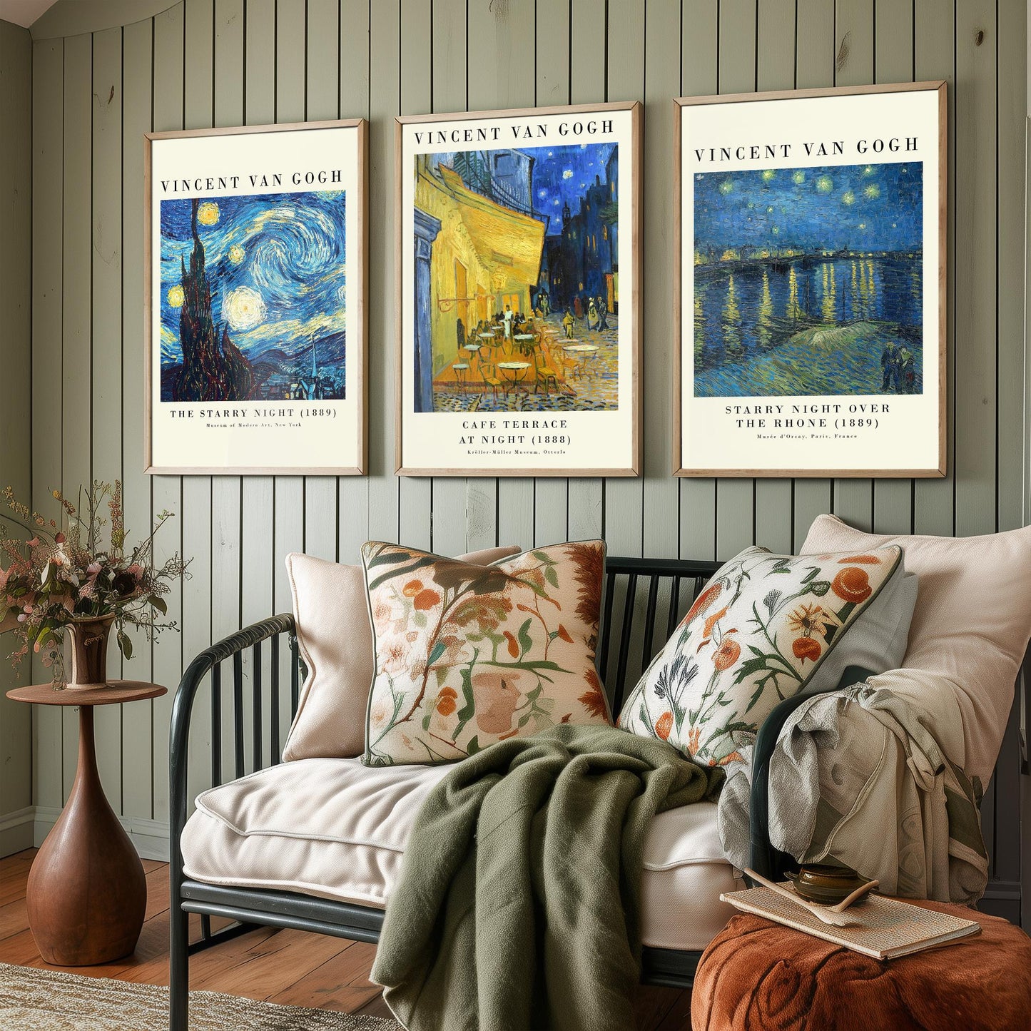 Vincent Van Gogh Set of Three Art Prints | 3 Post-Impressionist Paintings | Starry Night Cafe Terrace Over the Rhone Poster Museum