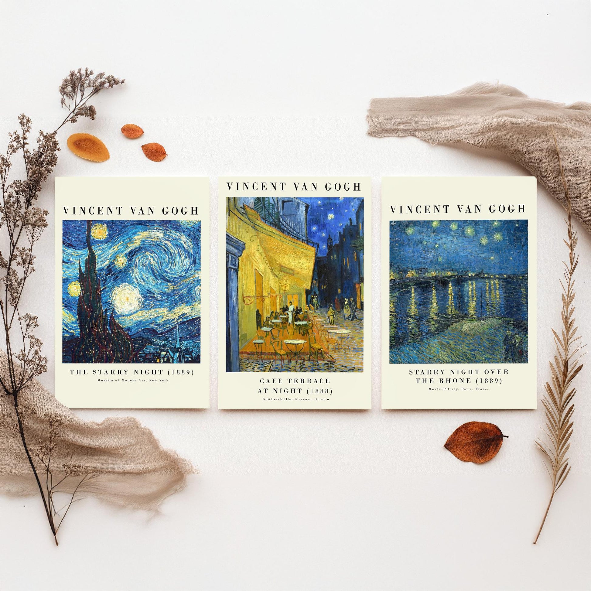Vincent Van Gogh Set of Three Art Prints | 3 Post-Impressionist Paintings | Starry Night Cafe Terrace Over the Rhone Poster Museum
