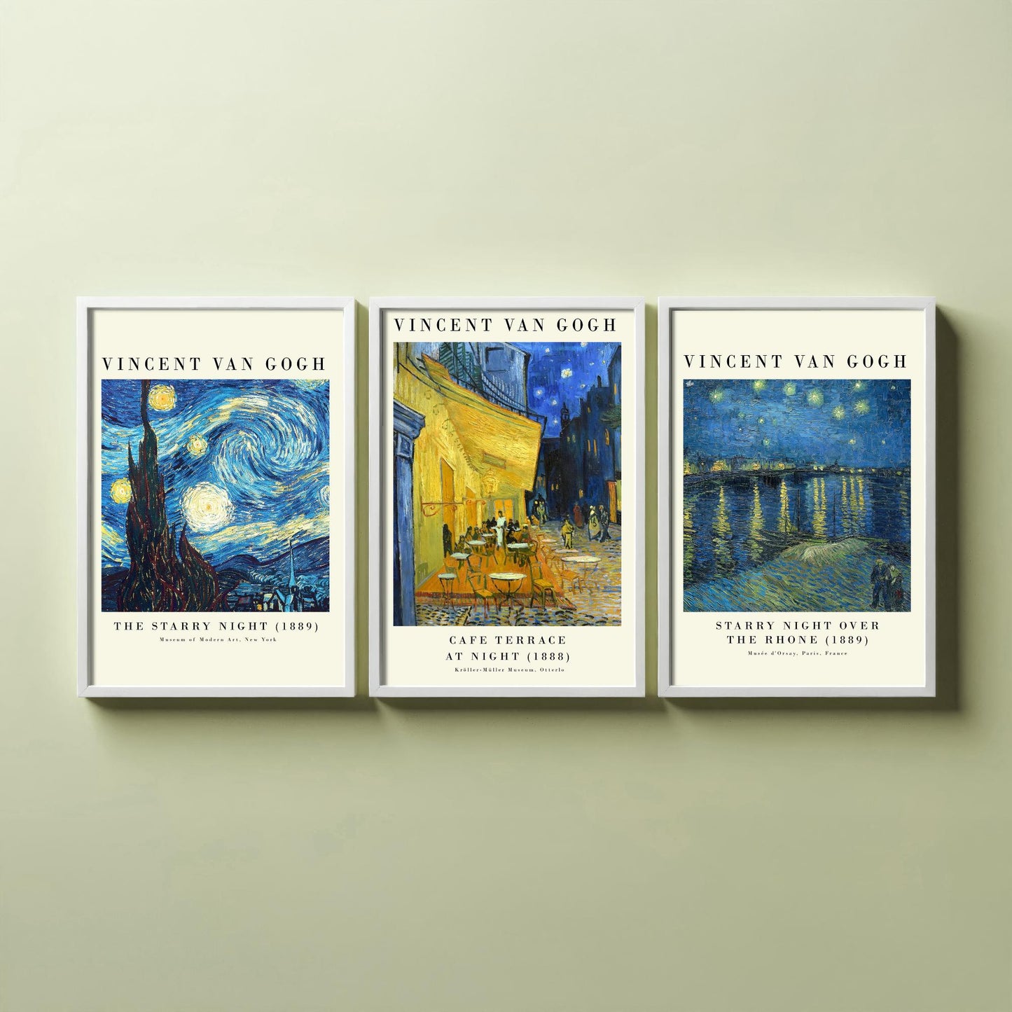 Vincent Van Gogh Set of Three Art Prints | 3 Post-Impressionist Paintings | Starry Night Cafe Terrace Over the Rhone Poster Museum