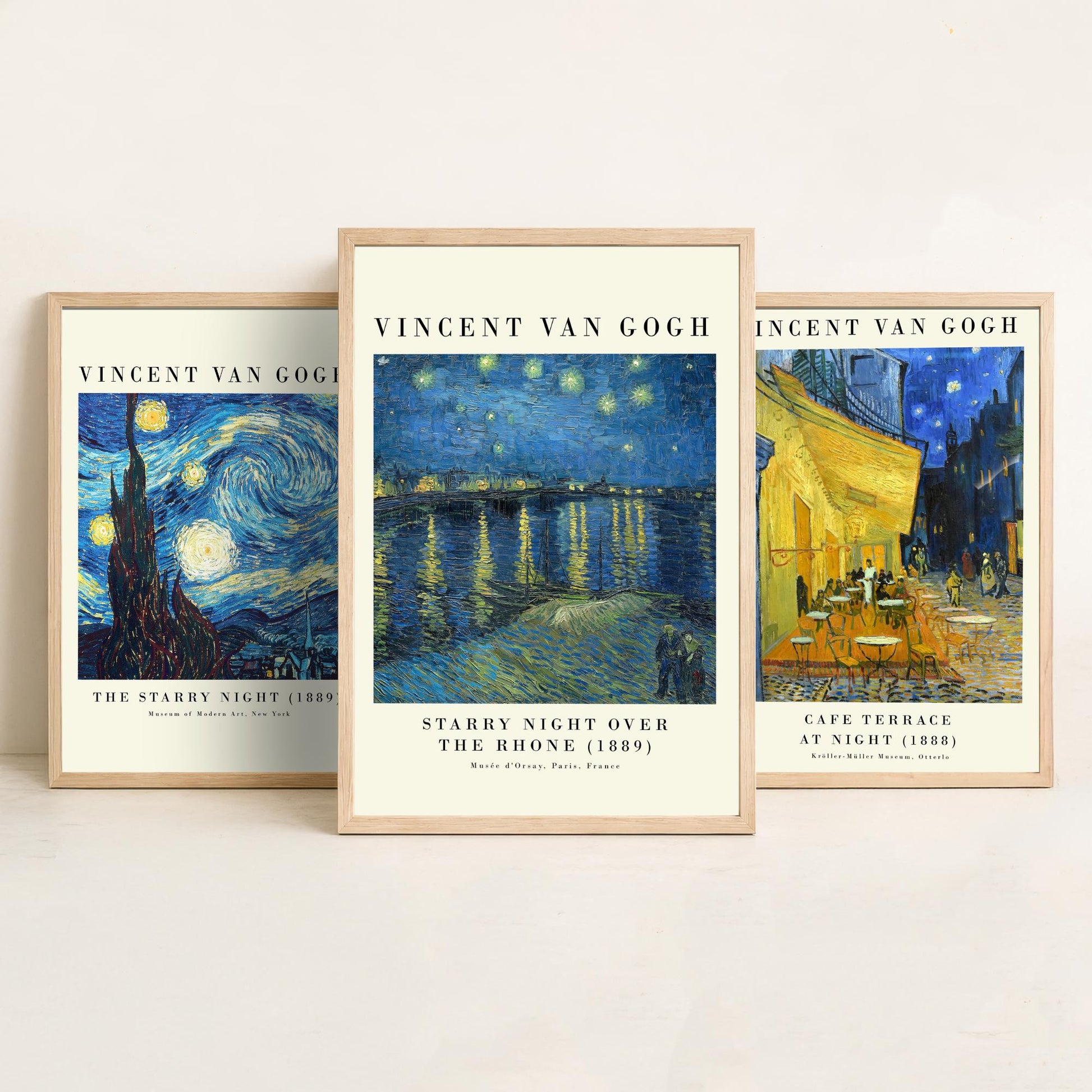 Vincent Van Gogh Set of Three Art Prints | 3 Post-Impressionist Paintings | Starry Night Cafe Terrace Over the Rhone Poster Museum