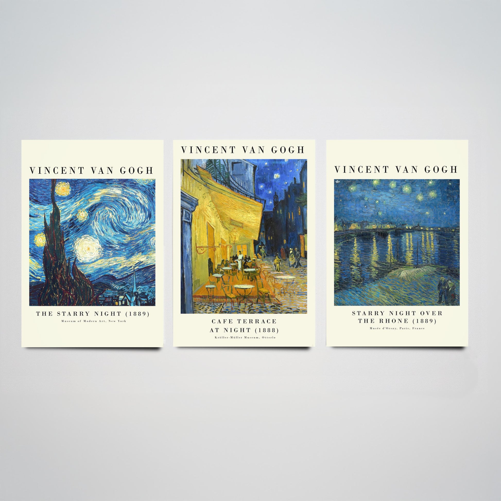Vincent Van Gogh Set of Three Art Prints | 3 Post-Impressionist Paintings | Starry Night Cafe Terrace Over the Rhone Poster Museum