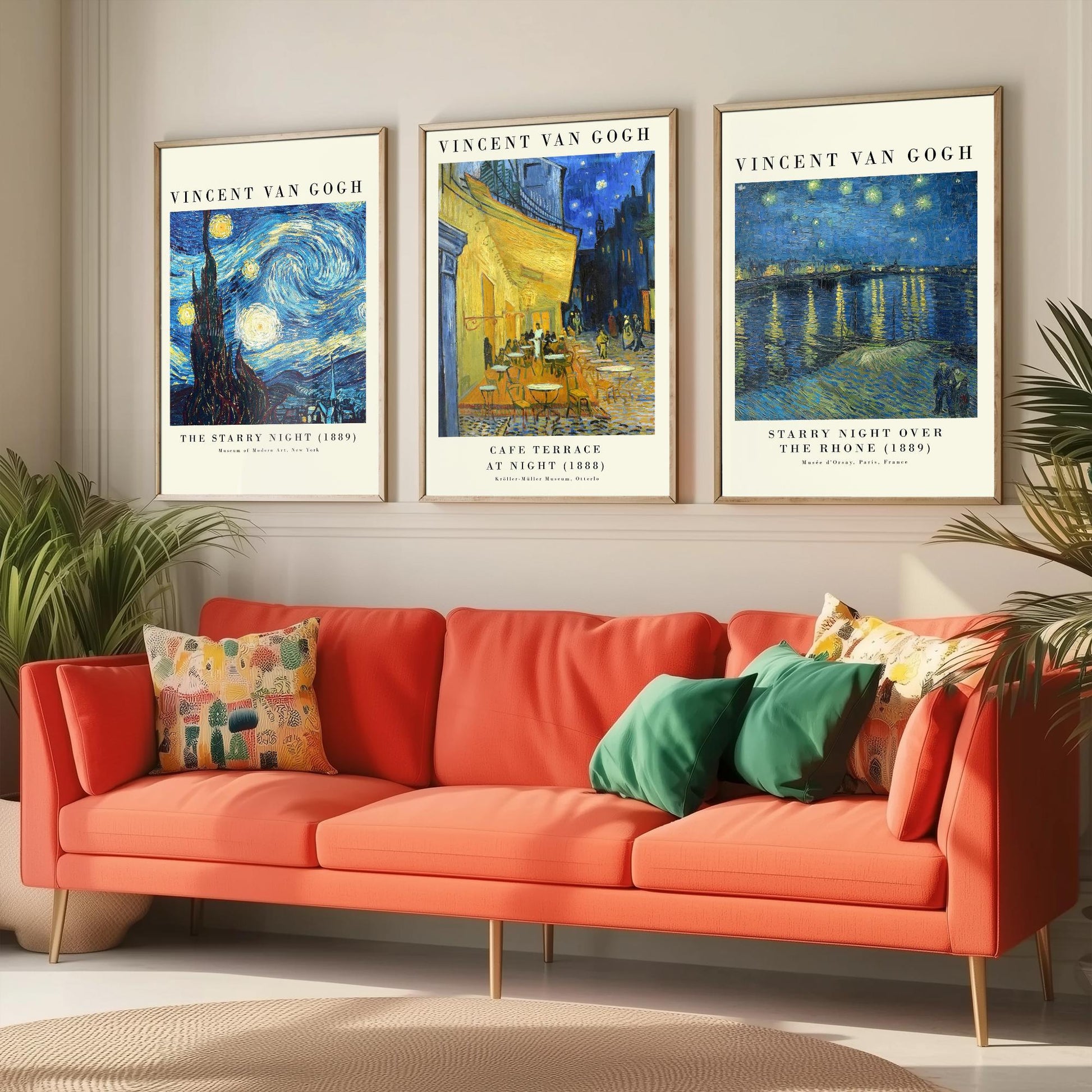 Van Gogh Starry Night Set of Three Art Prints | 3 Post-Impressionist Paintings | Cafe Terrace Over the Rhone Poster Wall Museum