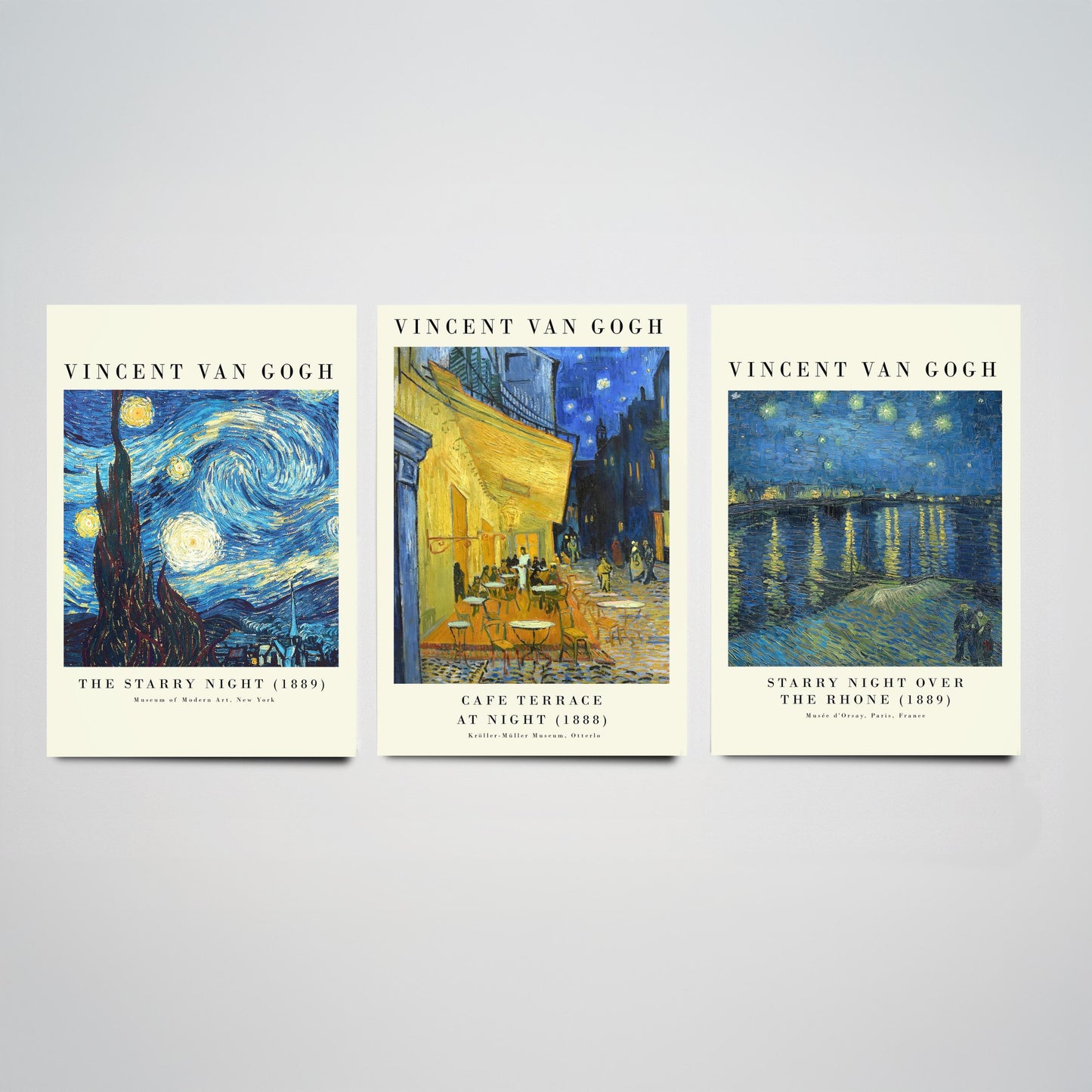 Van Gogh Starry Night Set of Three Art Prints | 3 Post-Impressionist Paintings | Cafe Terrace Over the Rhone Poster Wall Museum