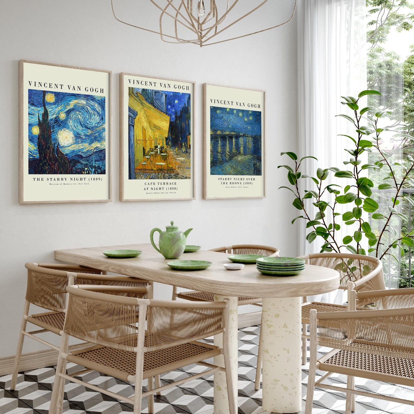 Van Gogh Starry Night Set of Three Art Prints | 3 Post-Impressionist Paintings | Cafe Terrace Over the Rhone Poster Wall Museum