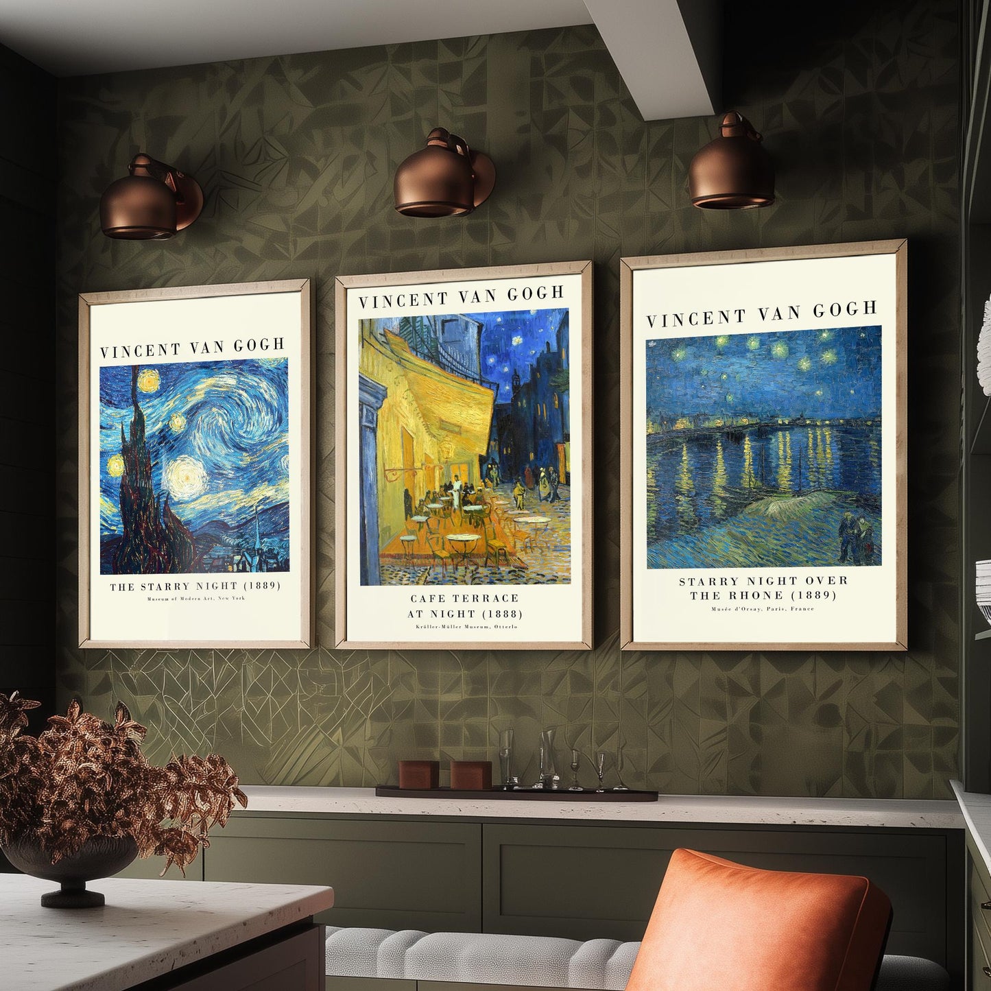Van Gogh Starry Night Set of Three Art Prints | 3 Post-Impressionist Paintings | Cafe Terrace Over the Rhone Poster Wall Museum