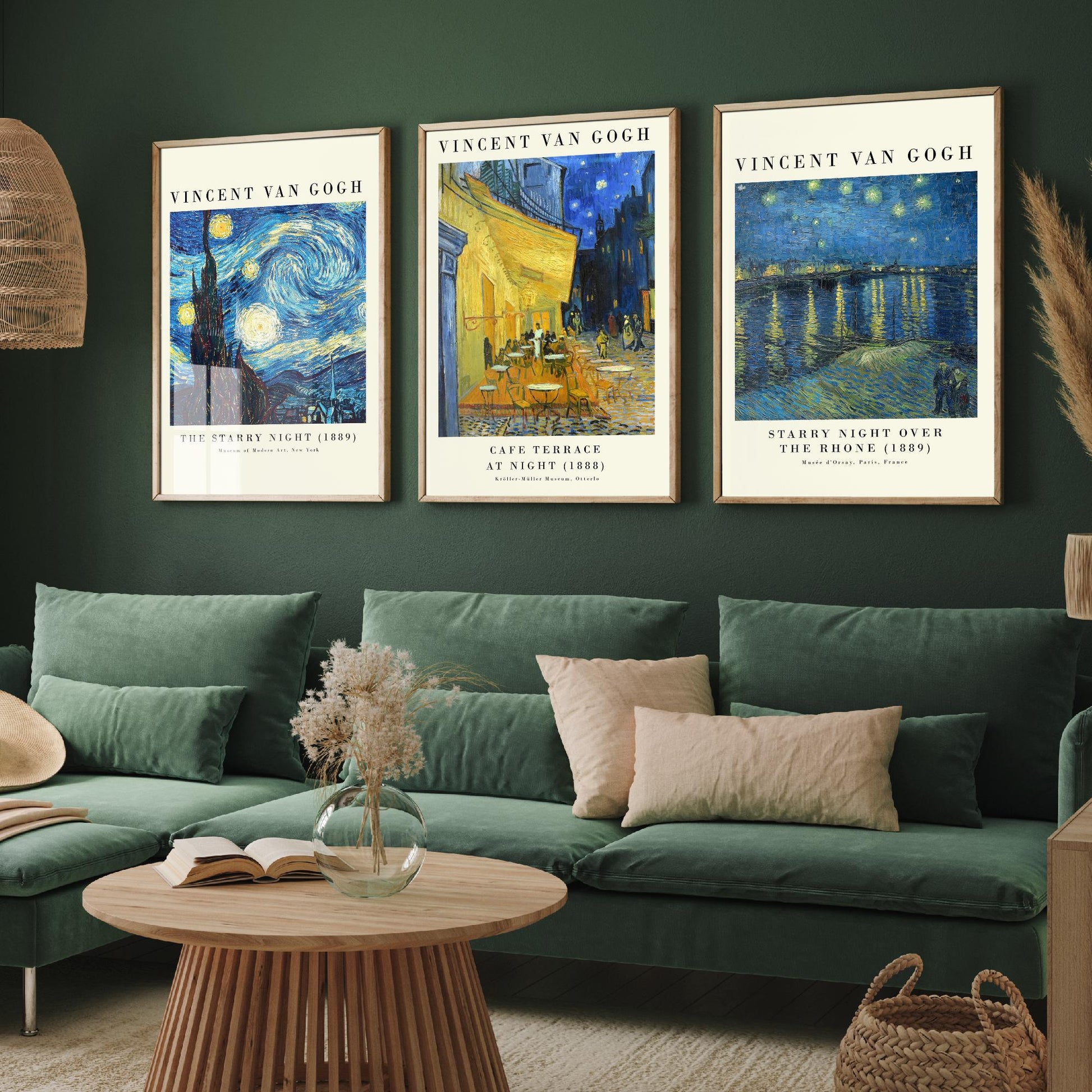 Van Gogh Starry Night Set of Three Art Prints | 3 Post-Impressionist Paintings | Cafe Terrace Over the Rhone Poster Wall Museum