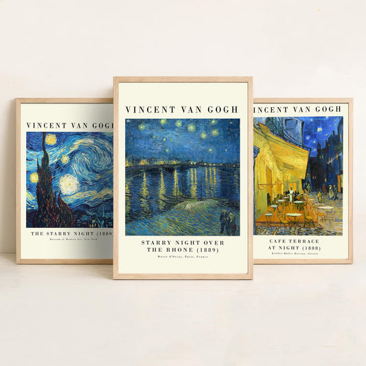 Van Gogh Starry Night Set of Three Art Prints | 3 Post-Impressionist Paintings | Cafe Terrace Over the Rhone Poster Wall Museum