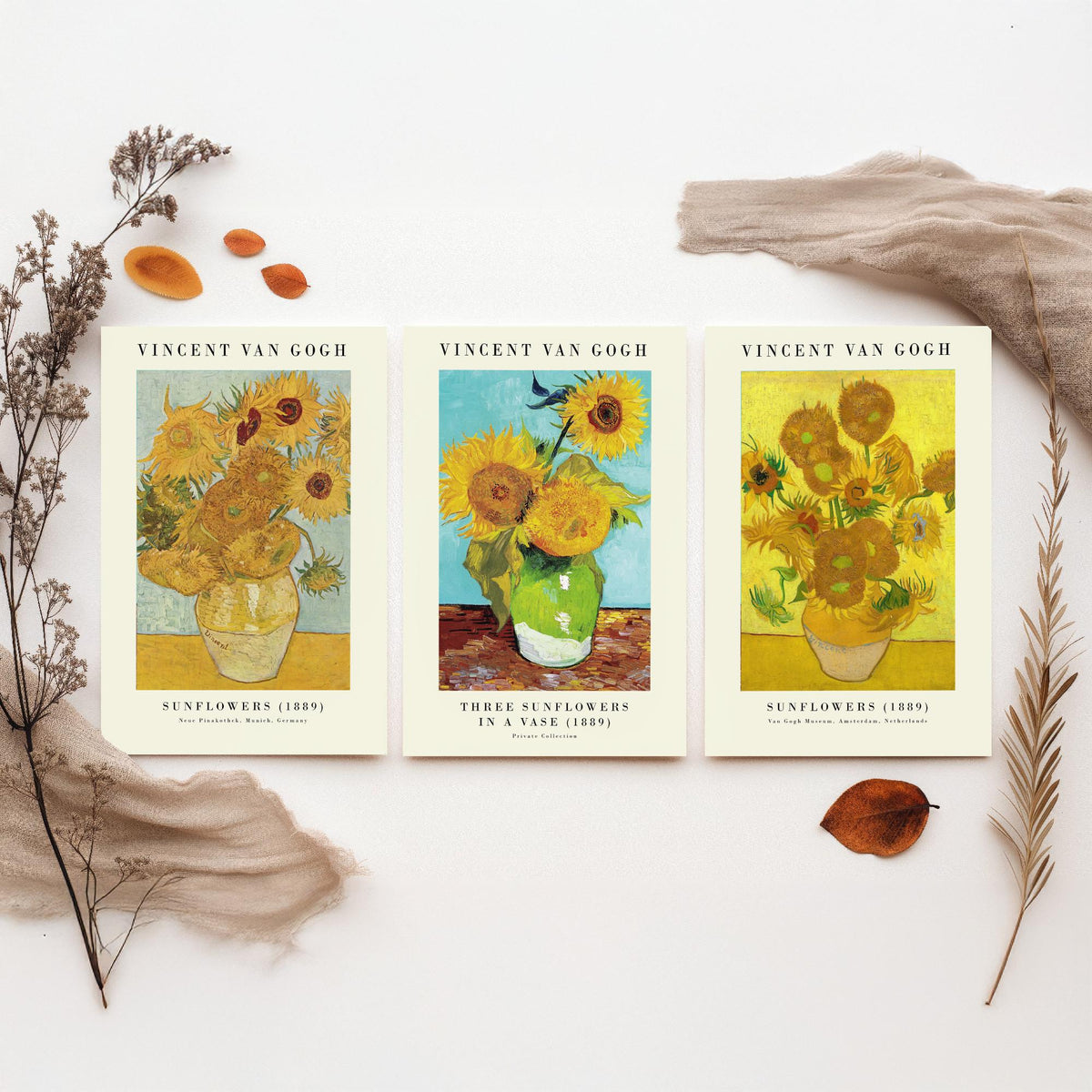 Van Gogh Sunflowers Exhibition Set of Three Art Prints - Munich, Three in a Vase, Amsterdam - Gallery Poster Painting