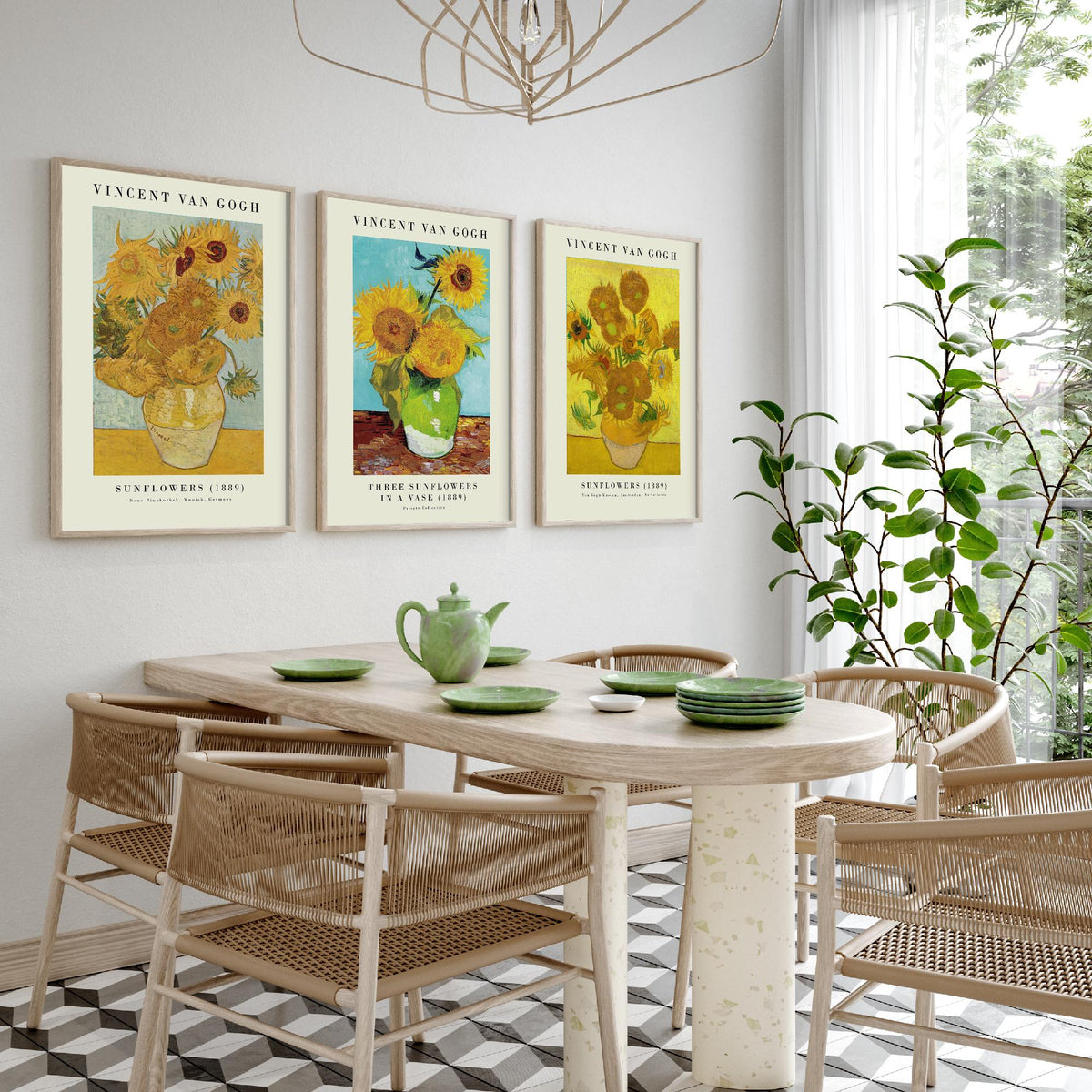 Van Gogh Sunflowers Exhibition Set of Three Art Prints - Munich, Three in a Vase, Amsterdam - Gallery Poster Painting