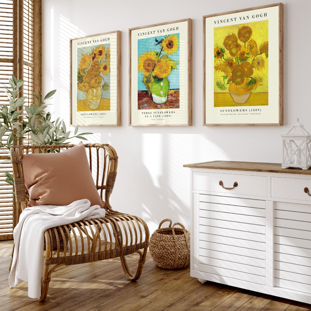 Van Gogh Sunflowers Exhibition Set of Three Art Prints - Munich, Three in a Vase, Amsterdam - Gallery Poster Painting