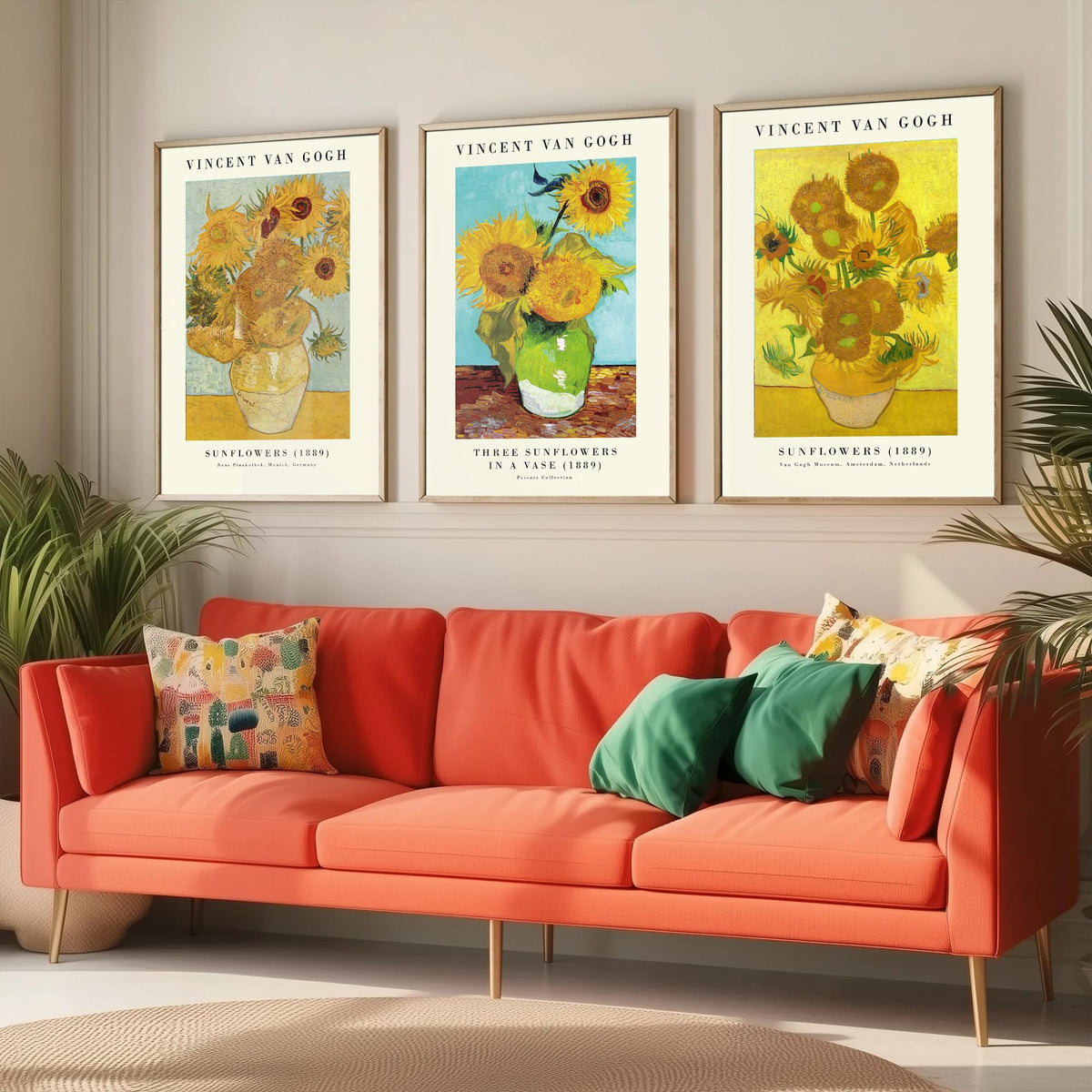 Van Gogh Sunflowers Exhibition Set of Three Art Prints - Munich, Three in a Vase, Amsterdam - Gallery Poster Painting