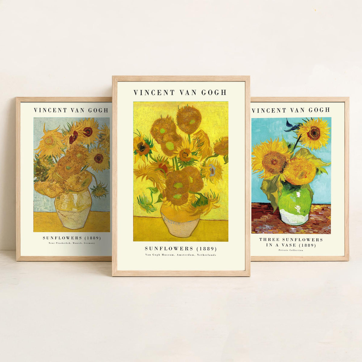 Van Gogh Sunflowers Exhibition Set of Three Art Prints - Munich, Three in a Vase, Amsterdam - Gallery Poster Painting