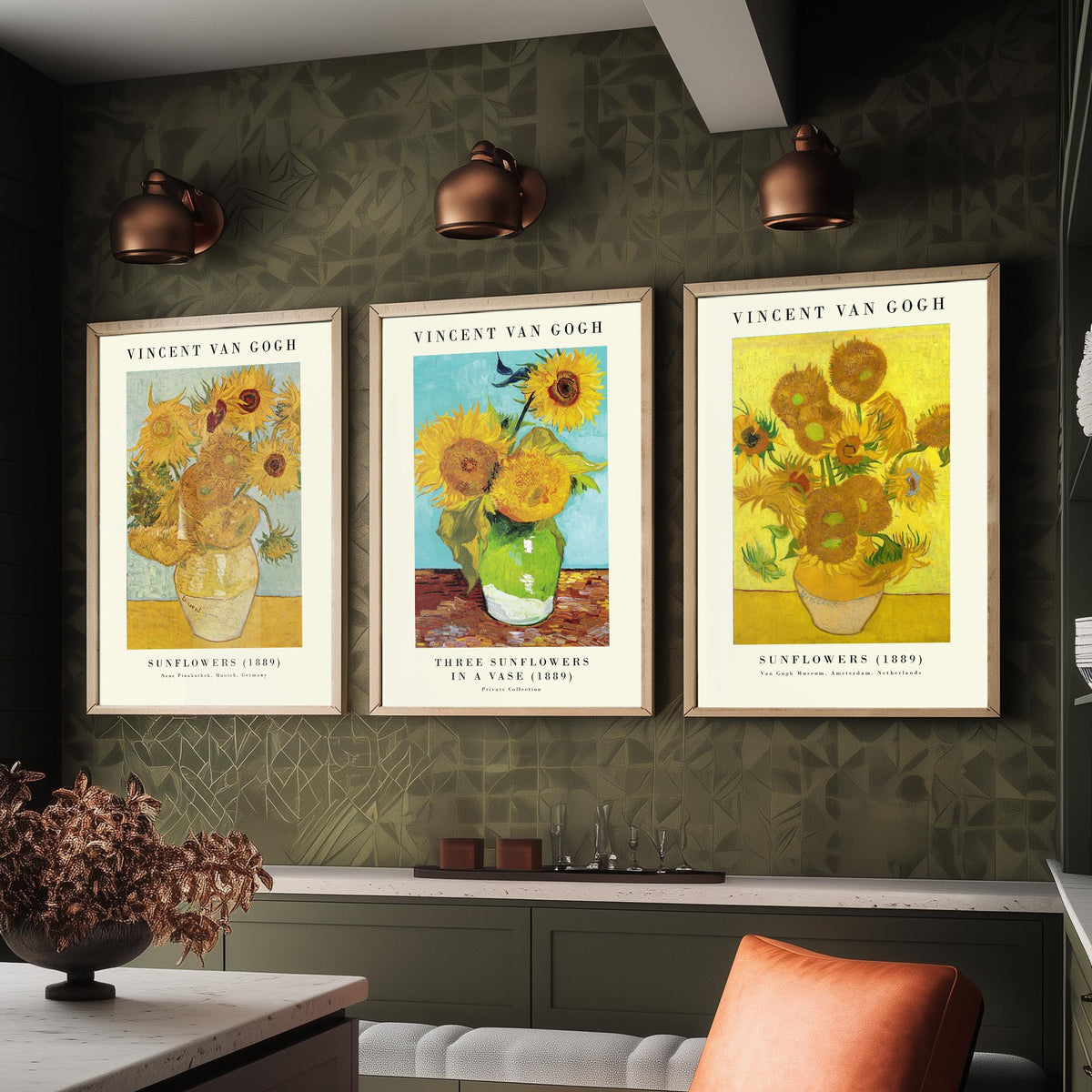 Van Gogh Sunflowers Exhibition Set of Three Art Prints - Munich, Three in a Vase, Amsterdam - Gallery Poster Painting