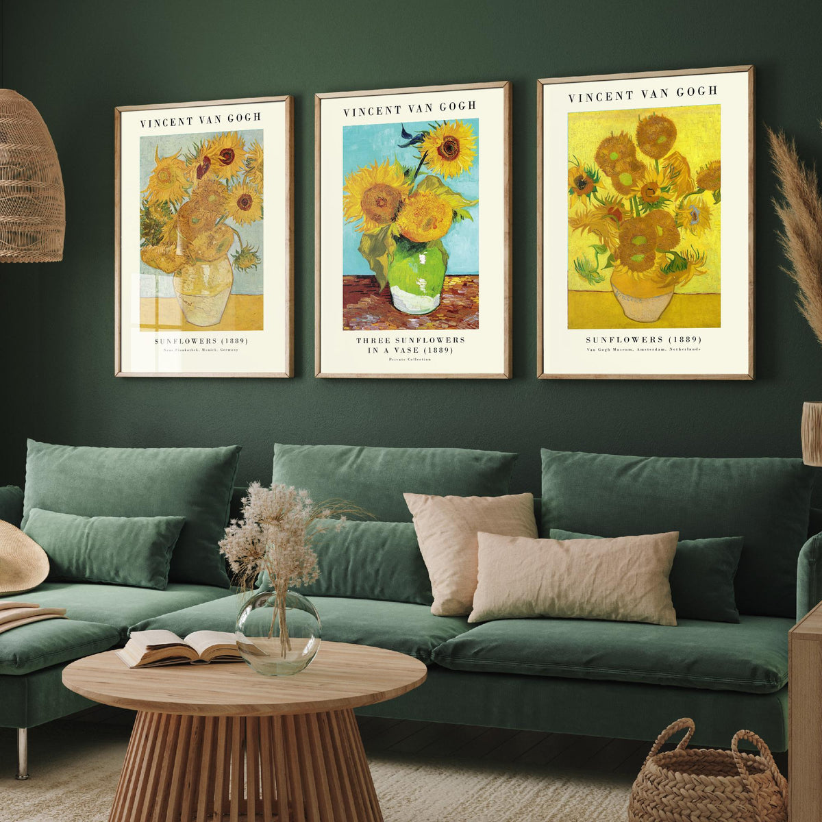 Van Gogh Sunflowers Exhibition Set of Three Art Prints - Munich, Three in a Vase, Amsterdam - Gallery Poster Painting