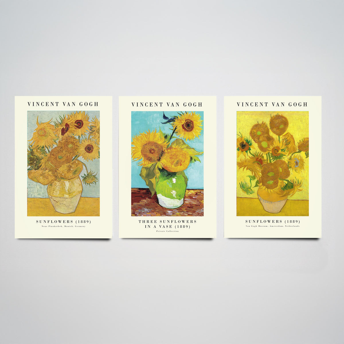Van Gogh Sunflowers Exhibition Set of Three Art Prints - Munich, Three in a Vase, Amsterdam - Gallery Poster Painting