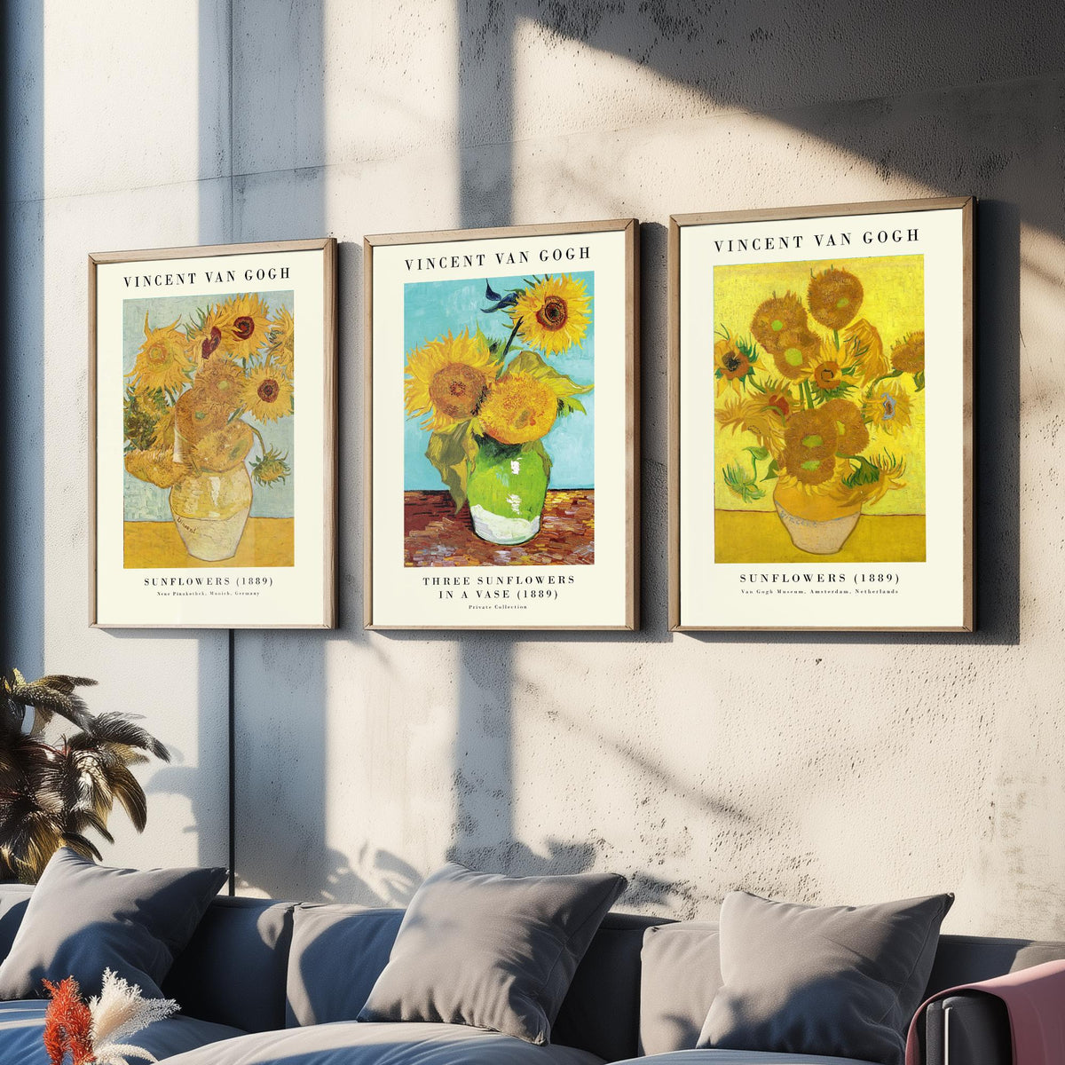 Van Gogh Sunflowers Exhibition Set of Three Art Prints - Munich, Three in a Vase, Amsterdam - Gallery Poster Painting