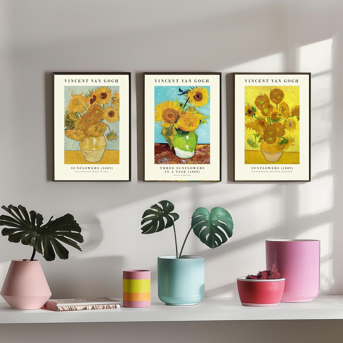 Van Gogh Sunflowers Exhibition Set of Three Art Prints - Munich, Three in a Vase, Amsterdam - Gallery Poster Painting