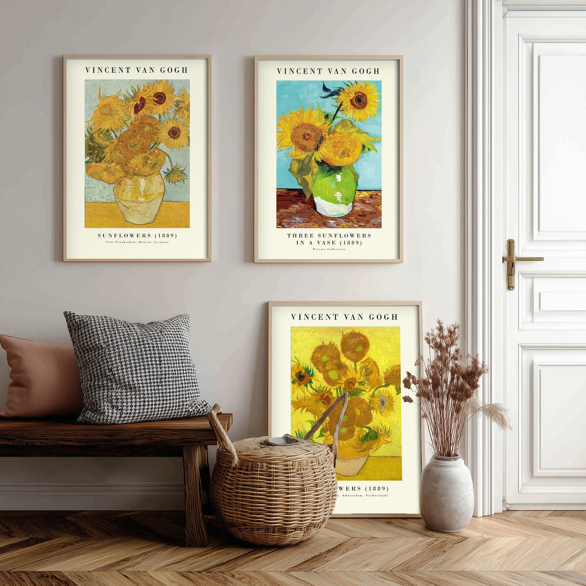 Van Gogh Sunflowers Exhibition Set of Three Art Prints - Munich, Three in a Vase, Amsterdam - Gallery Poster Painting
