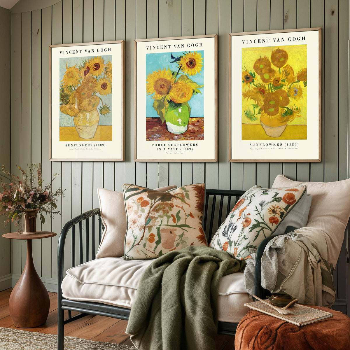 Van Gogh Sunflowers Exhibition Set of Three Art Prints - Munich, Three in a Vase, Amsterdam - Gallery Poster Painting