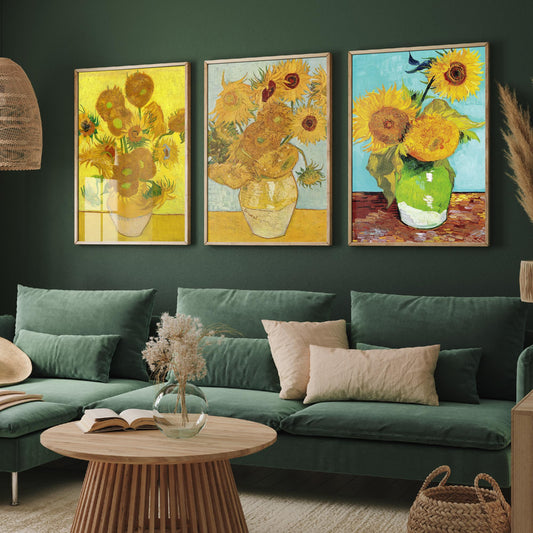 Van Gogh Sunflowers Set of Three Art Prints - Fifteen in a Clay Vase, Twelve on Blue, Three in a Green Jug - Still Life Painting Poster